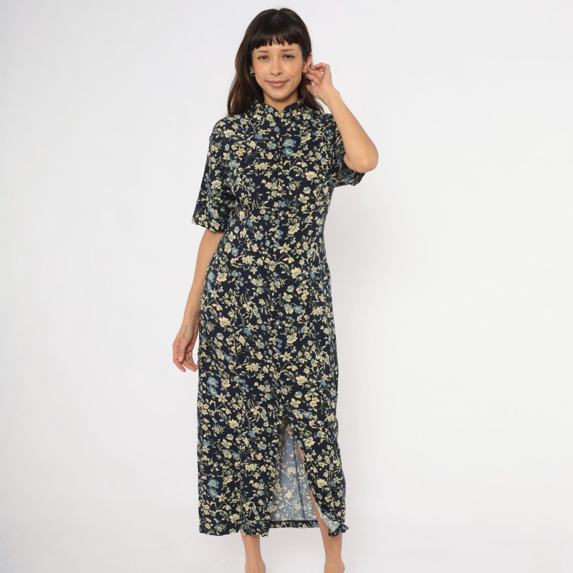 90s Express Navy Floral Maxi Dress Mandarin Collar Button Front Medium M