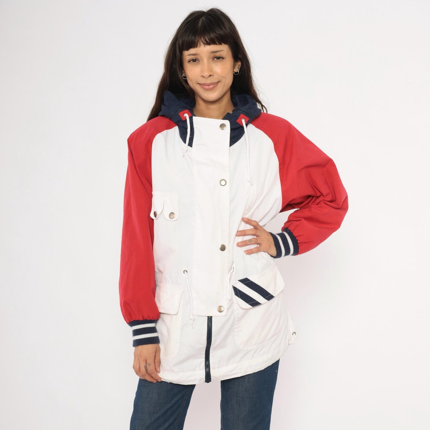 90s Mulberry Street Colorblock Windbreaker Hooded Snap Jacket White Red Navy Medium M