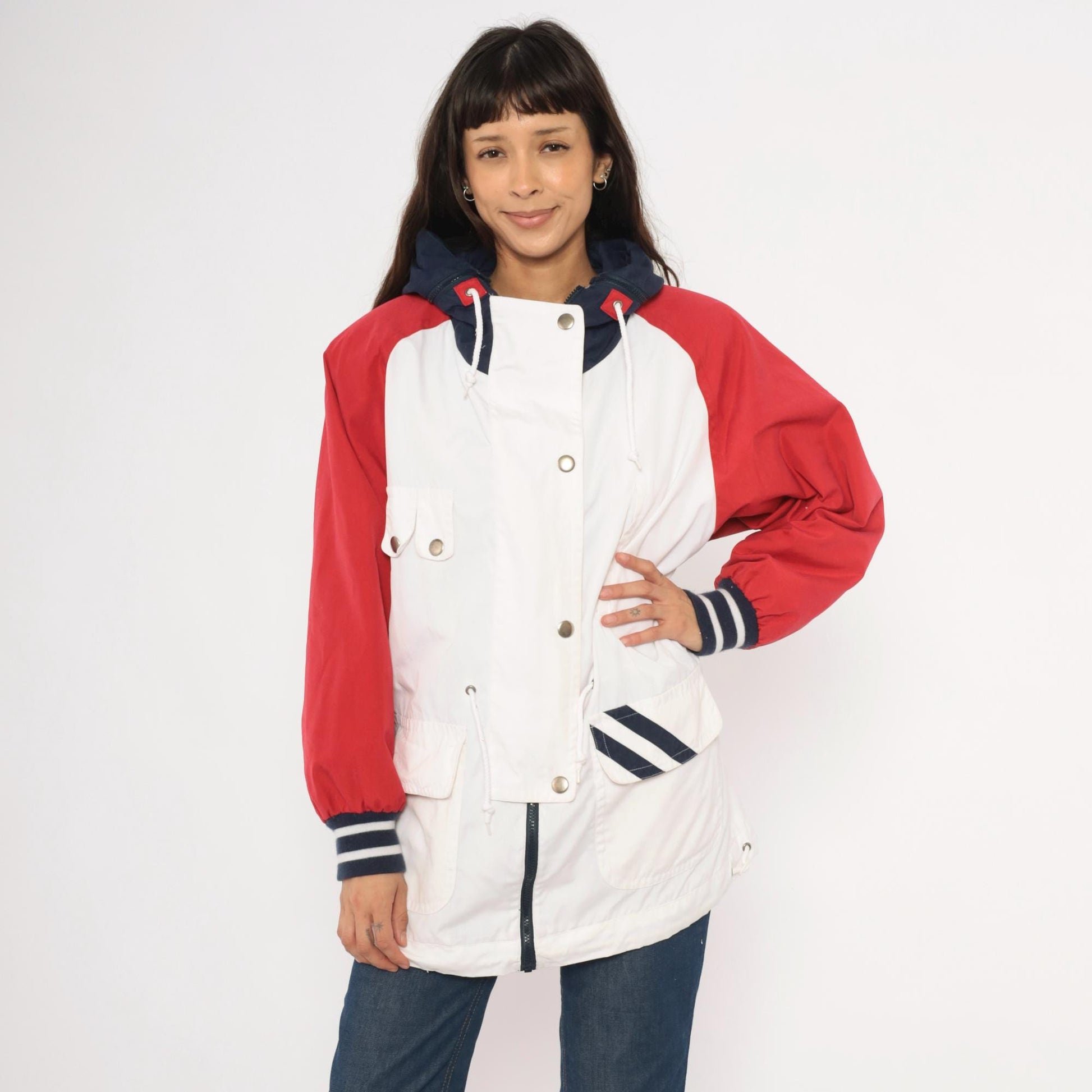 90s Mulberry Street Colorblock Windbreaker Hooded Snap Jacket White Red Navy Medium M