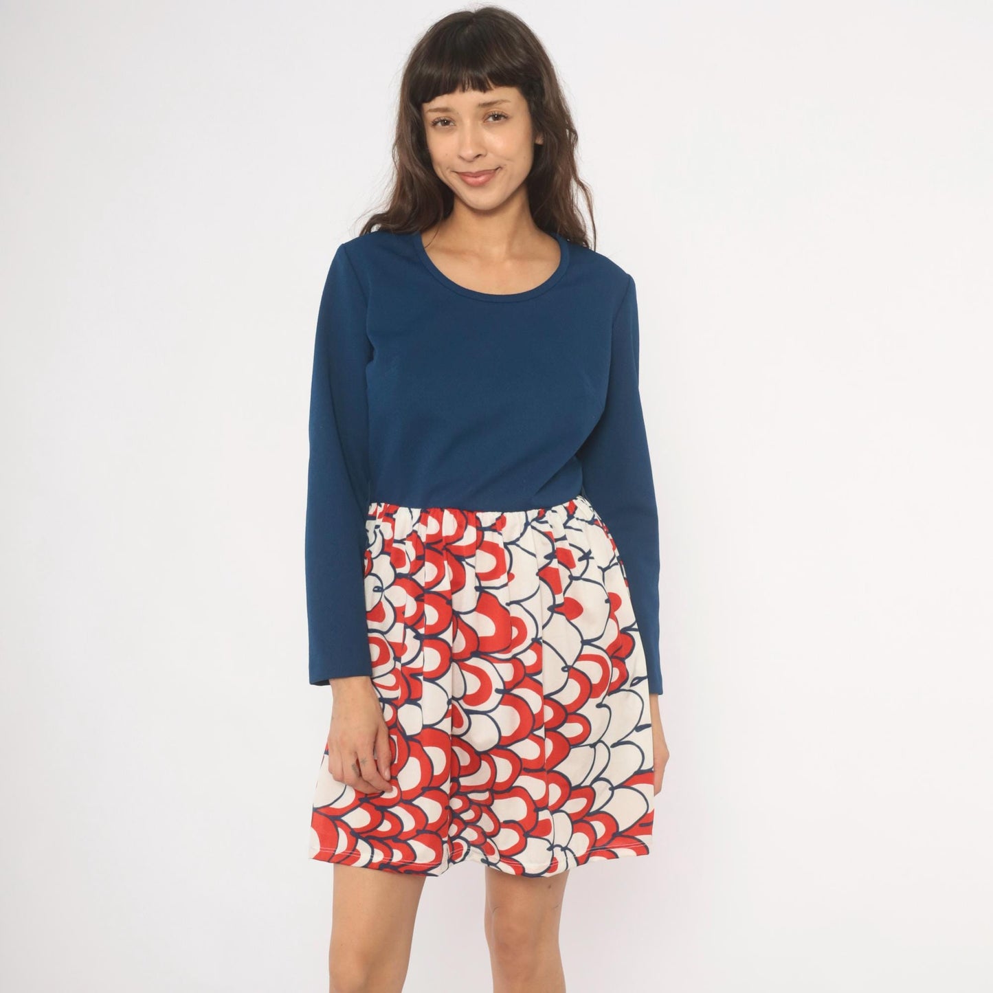 70s Mod Colorblock Dress Navy Scallop Print Long Sleeve Knee Length Medium M