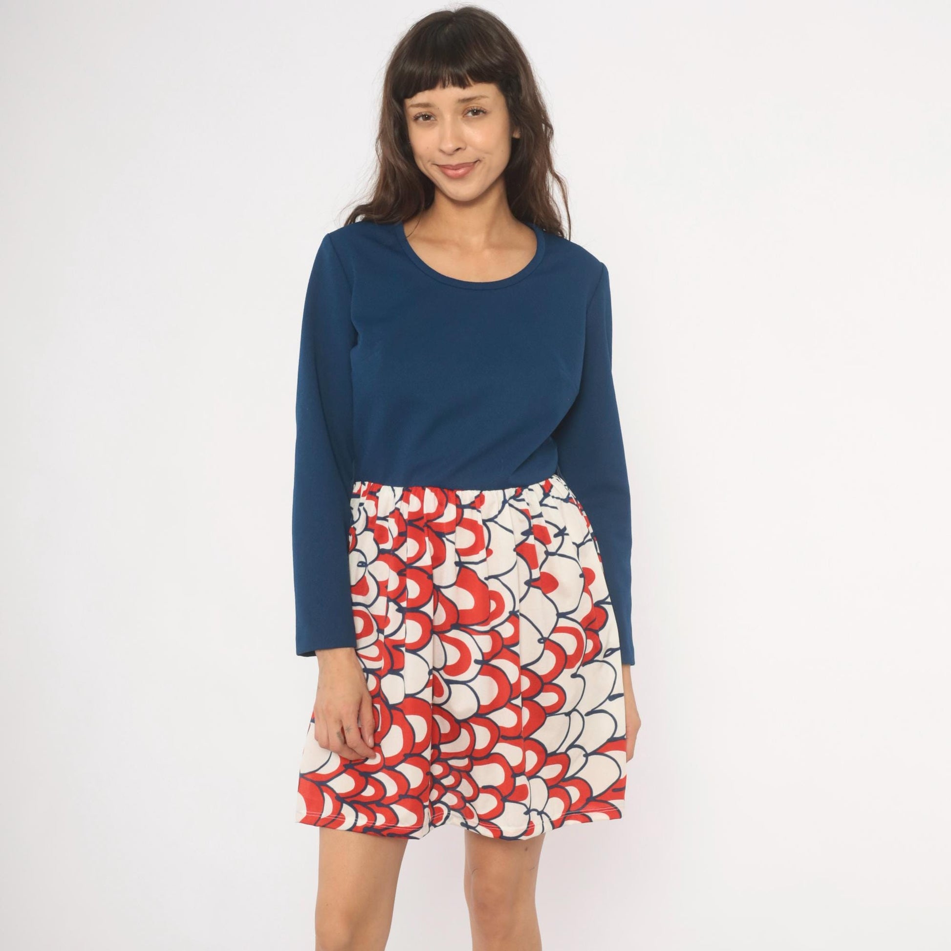 70s Mod Colorblock Dress Navy Scallop Print Long Sleeve Knee Length Medium M