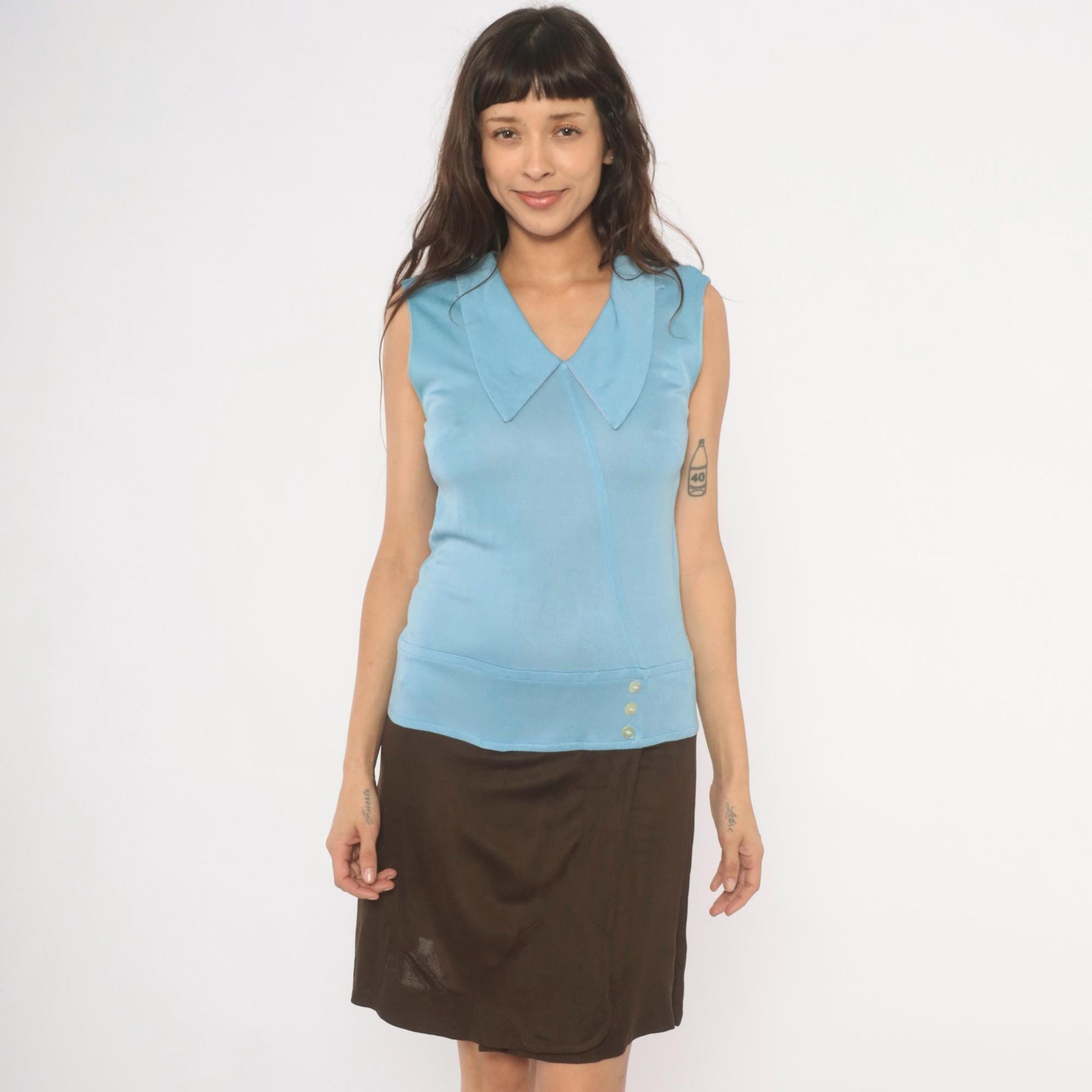 60s Mod Colorblock Shift Dress Sky Blue Brown Pointed Collar Small S