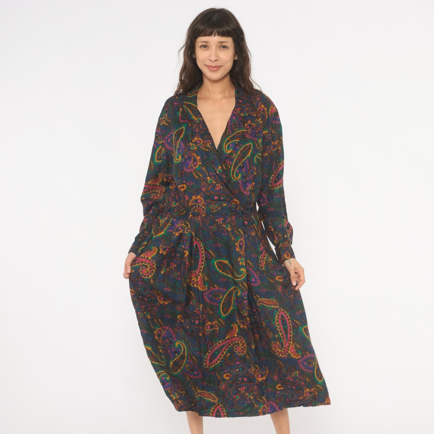 90s Tanner Paisley Midi Dress Navy Teal Pink Gold Long Sleeve Large L