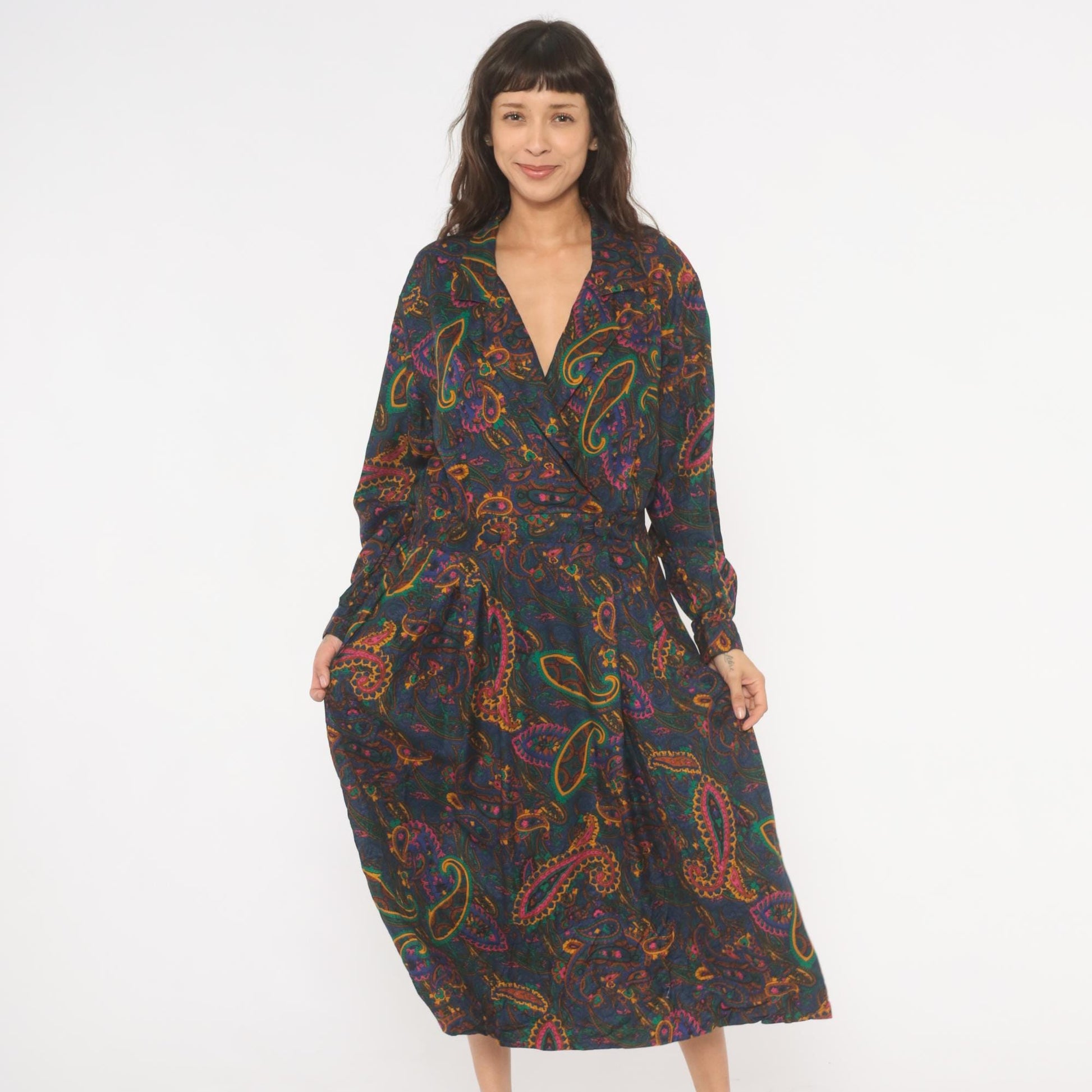 90s Tanner Paisley Midi Dress Navy Teal Pink Gold Long Sleeve Large L