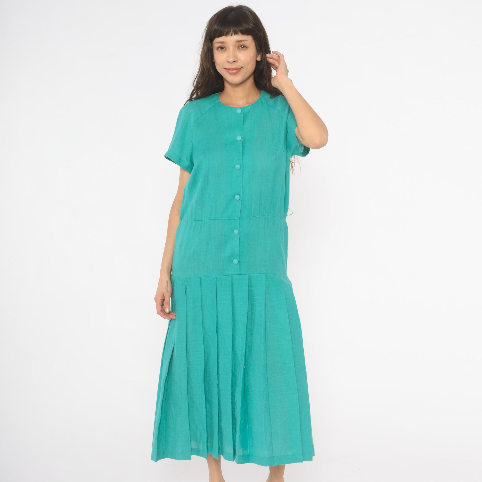 80s Sabino Teal Midi Dress Button Front Drop Waist Pleated Raglan Large L