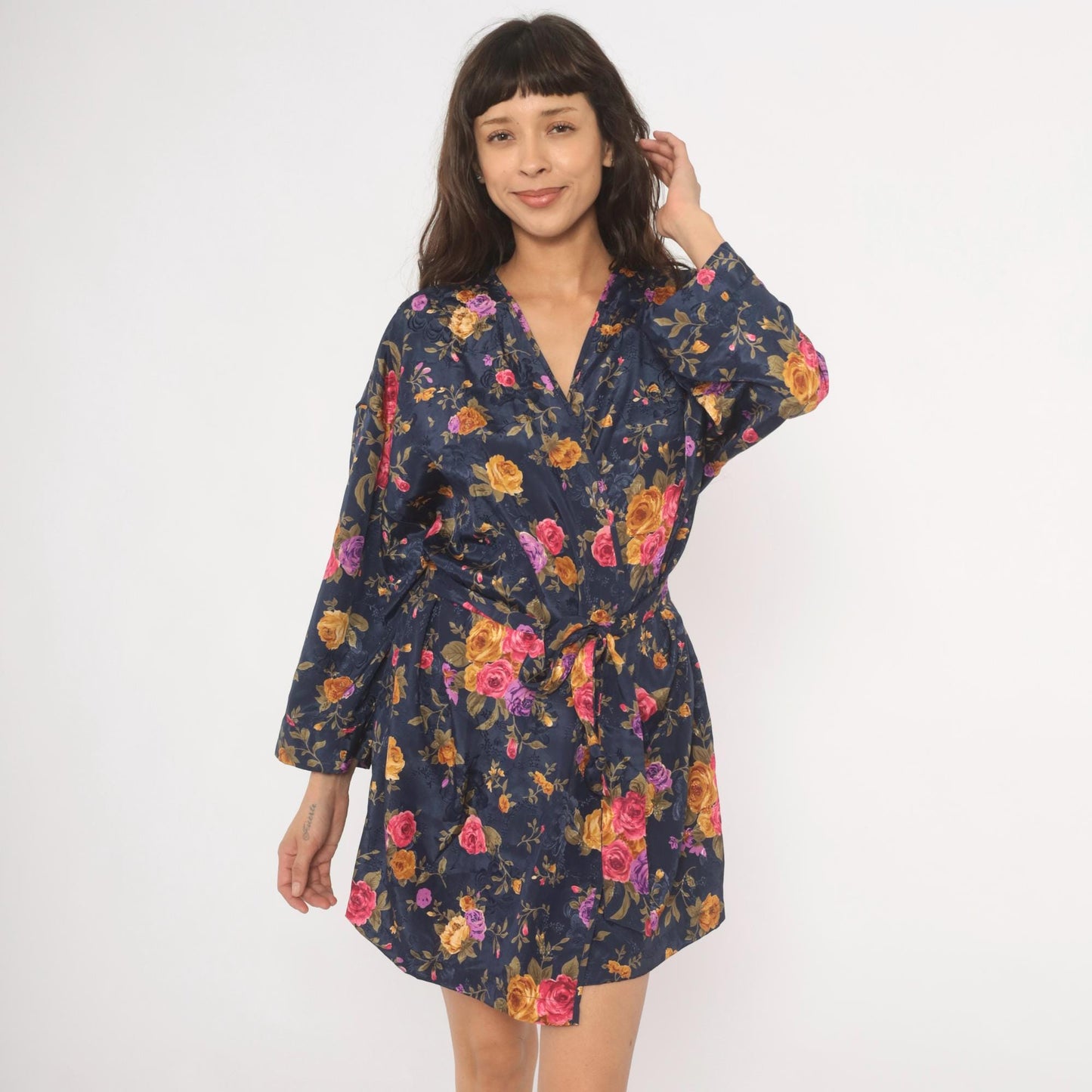 90s M.T. Morgan Taylor Navy Floral Kimono Robe Mini Wrap Tie Front Medium Large