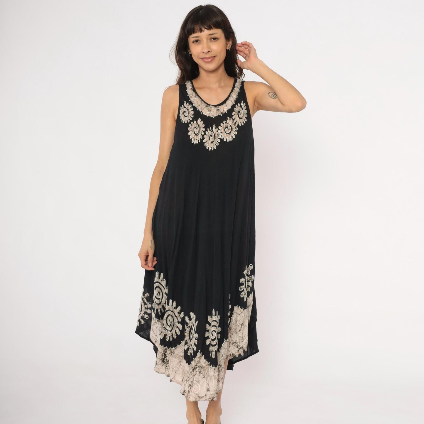 90s Black Batik Maxi Dress Cream Spiral Embroidered Trapeze Tank Medium