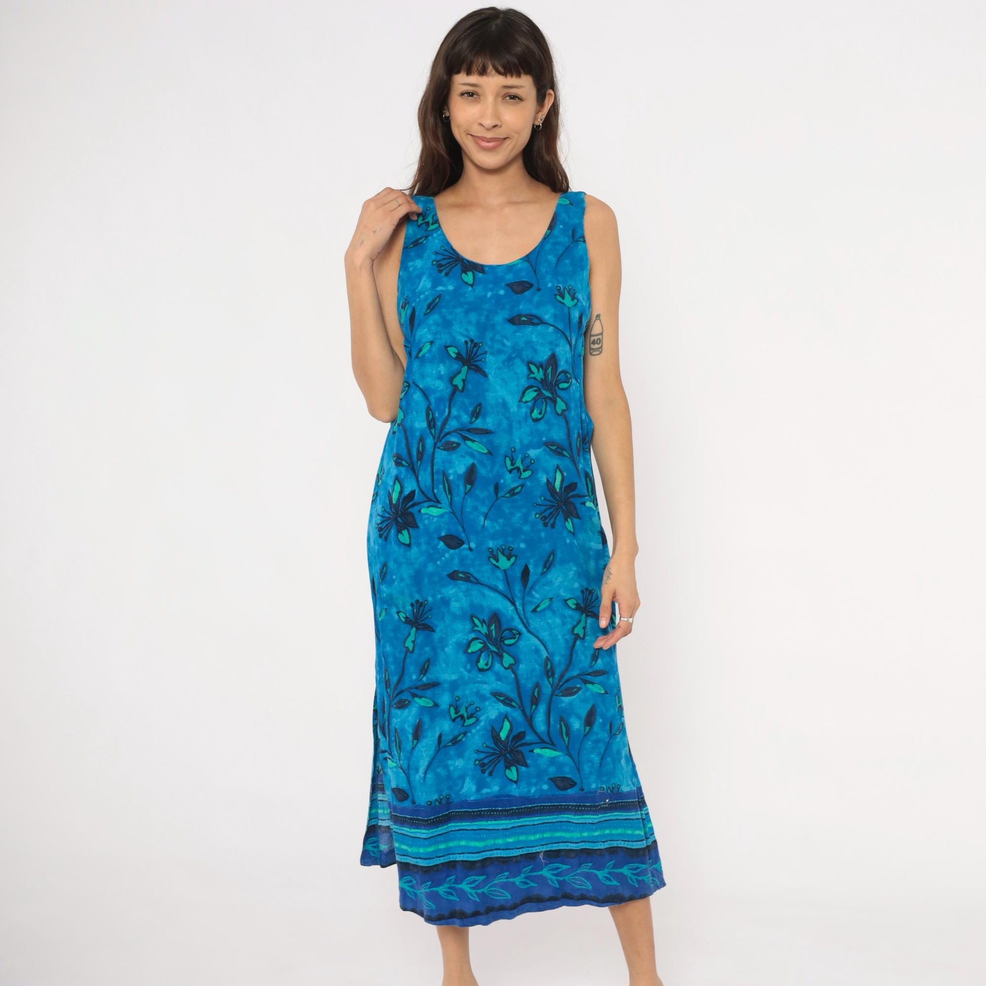 90s Worthington Blue Batik Floral Maxi Dress Tank Sleeveless Teal Navy Medium