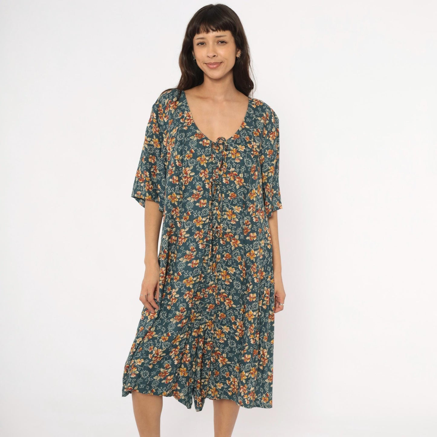 90s The Avenue Floral Midi Dress Teal Orange Flutter Sleeve Tie Front XXL