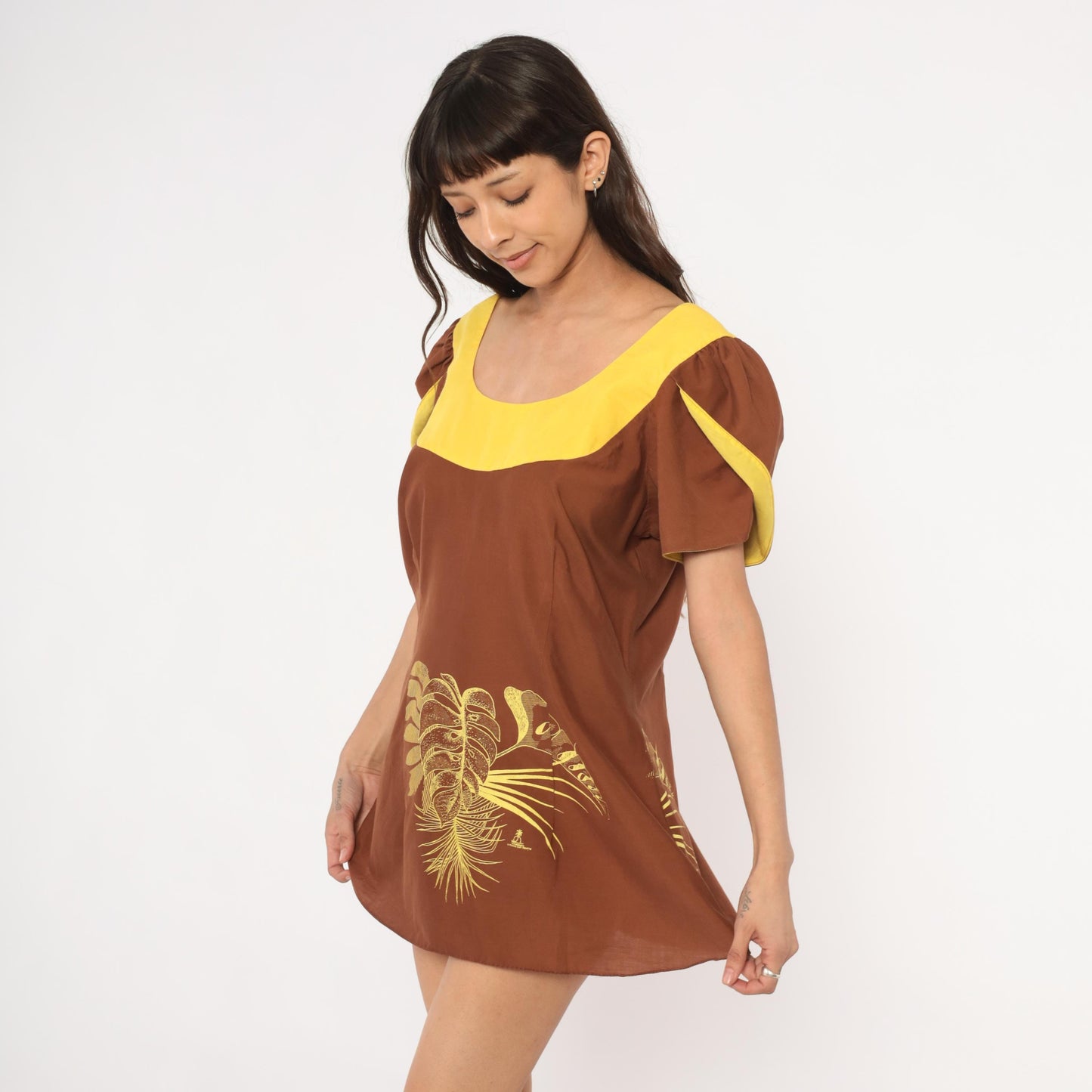 70s Tropical Monstera Puff Sleeve Mini Dress Brown Gold Small S
