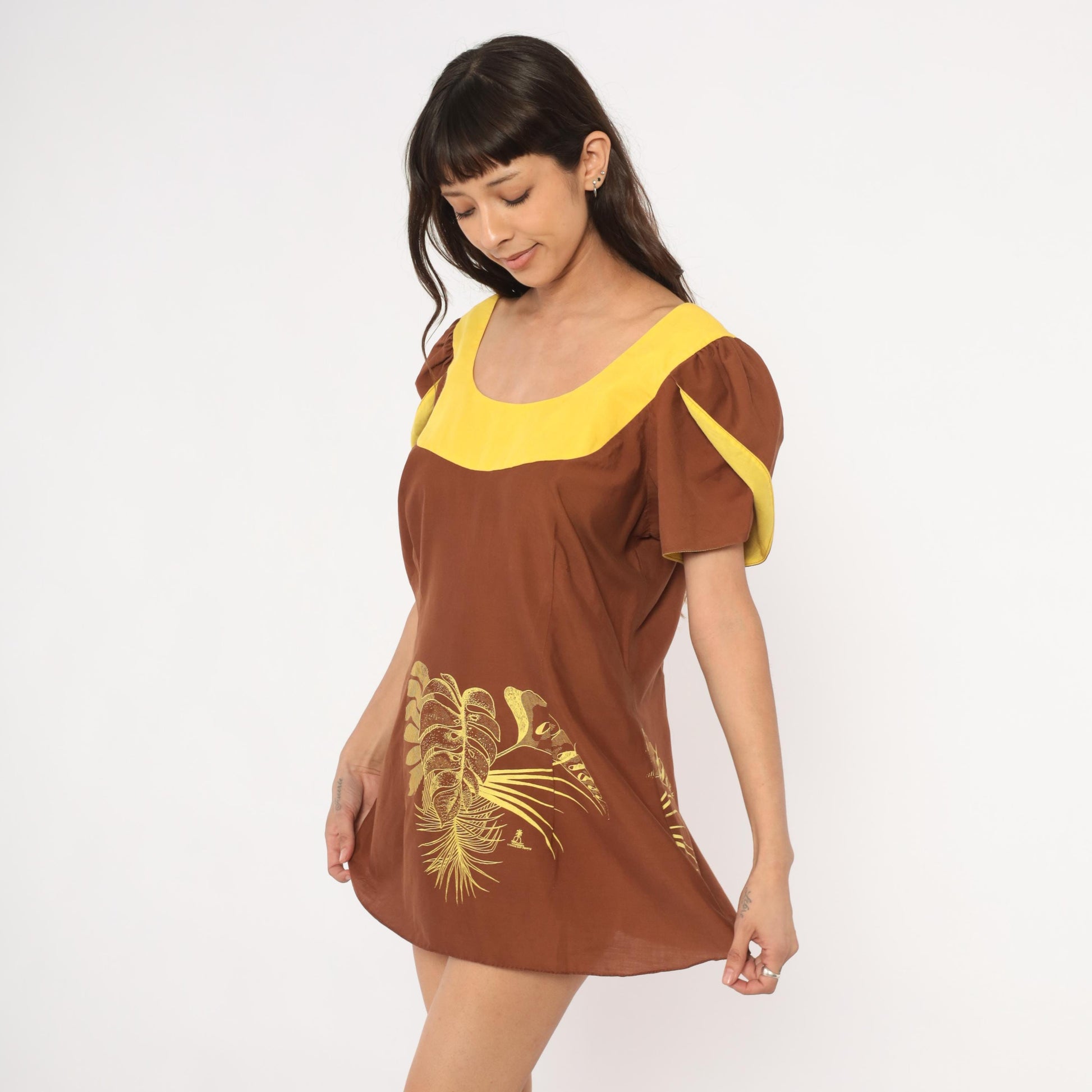 70s Tropical Monstera Puff Sleeve Mini Dress Brown Gold Small S
