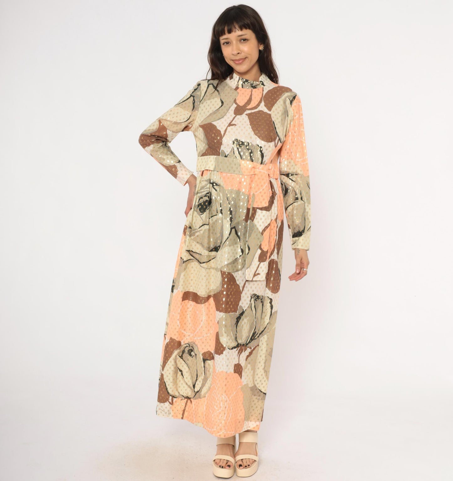 70s Rose Print Maxi Dress Gold Metallic Dots Long Sleeve Peach Taupe Chiffon Medium