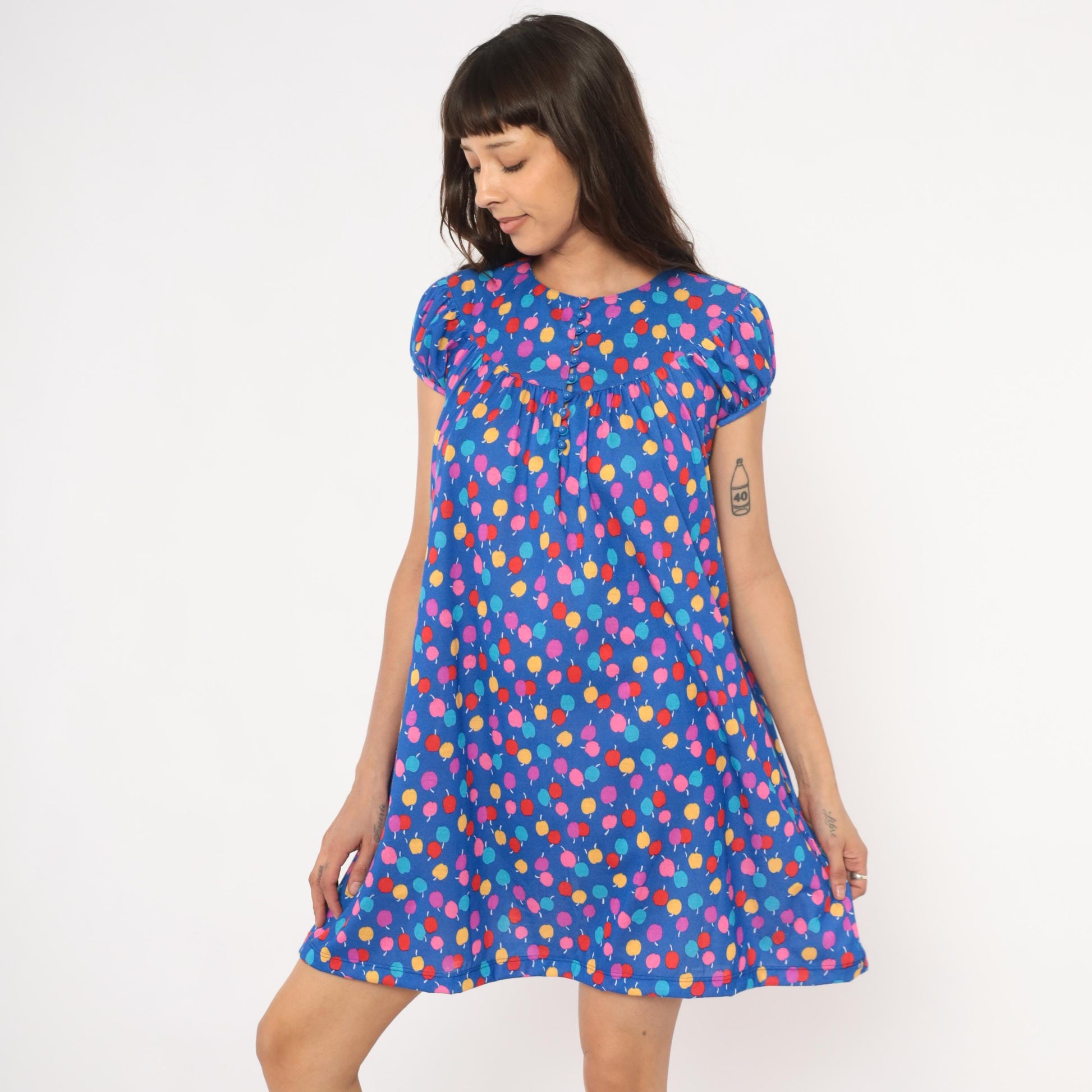 80s Lanz Originals Apple Print Babydoll Dress Blue Puff Sleeve Mini Small S