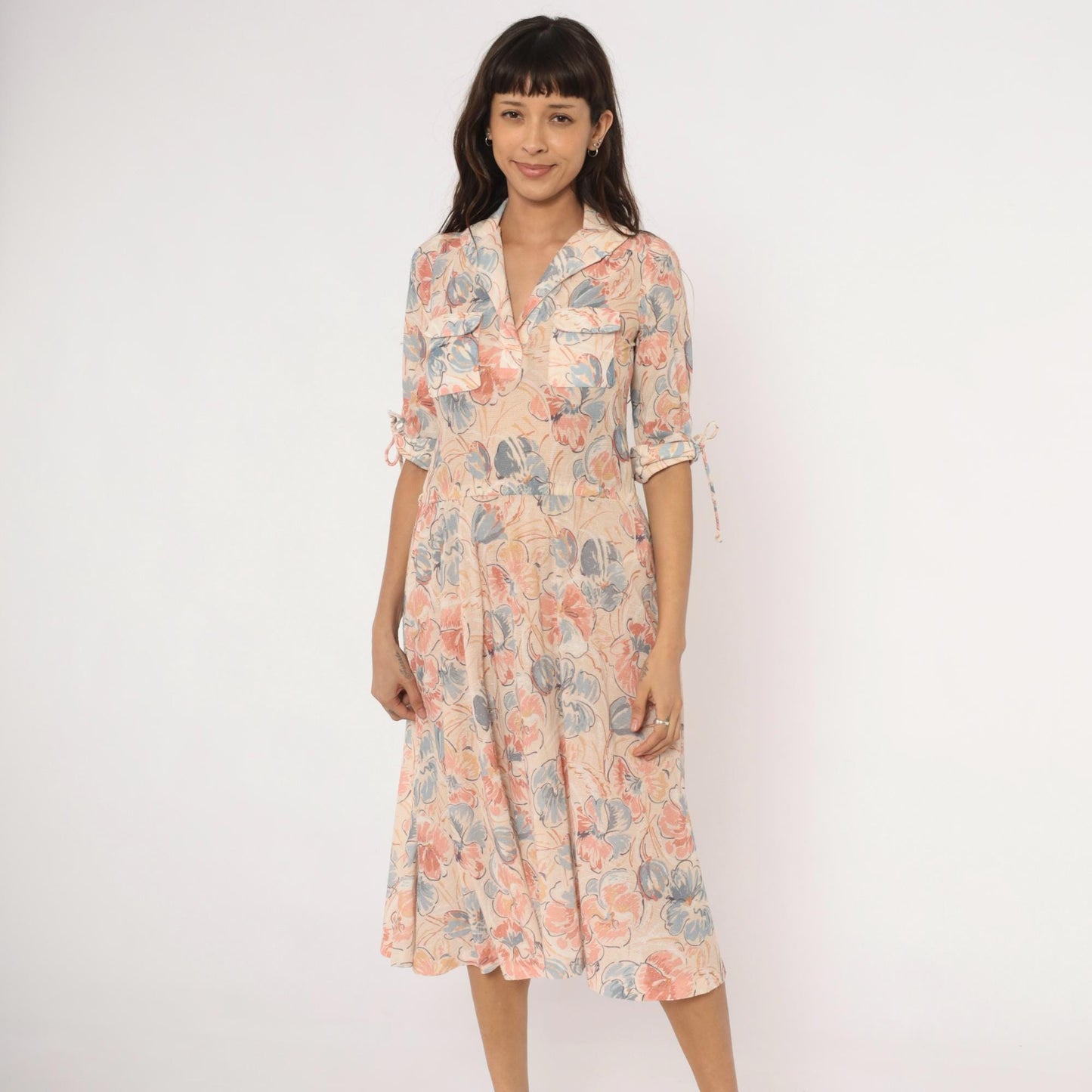 80s Watercolor Floral Midi Dress Notched Collar Tie Sleeve Cream Blush Small