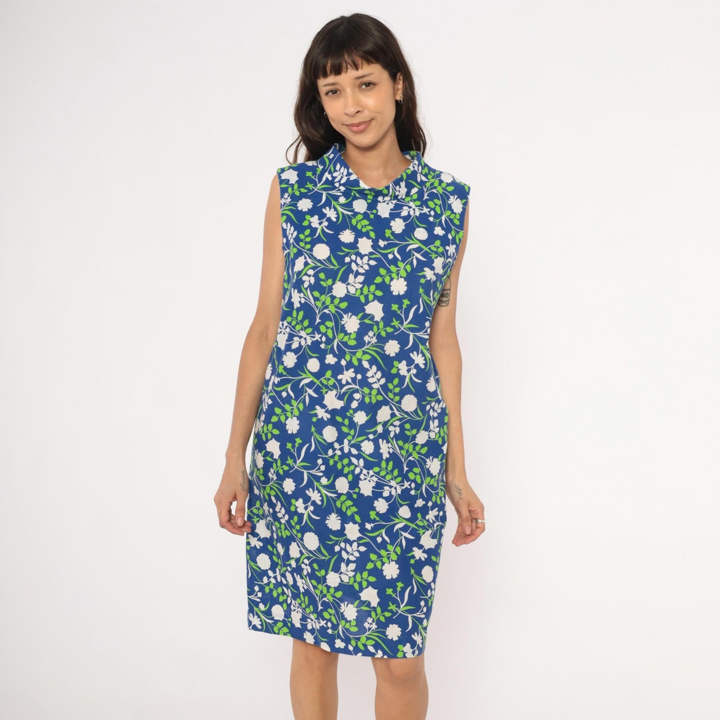 80s Mr. B California Blue Floral Shift Dress Cowl Neck Knee-Length Medium