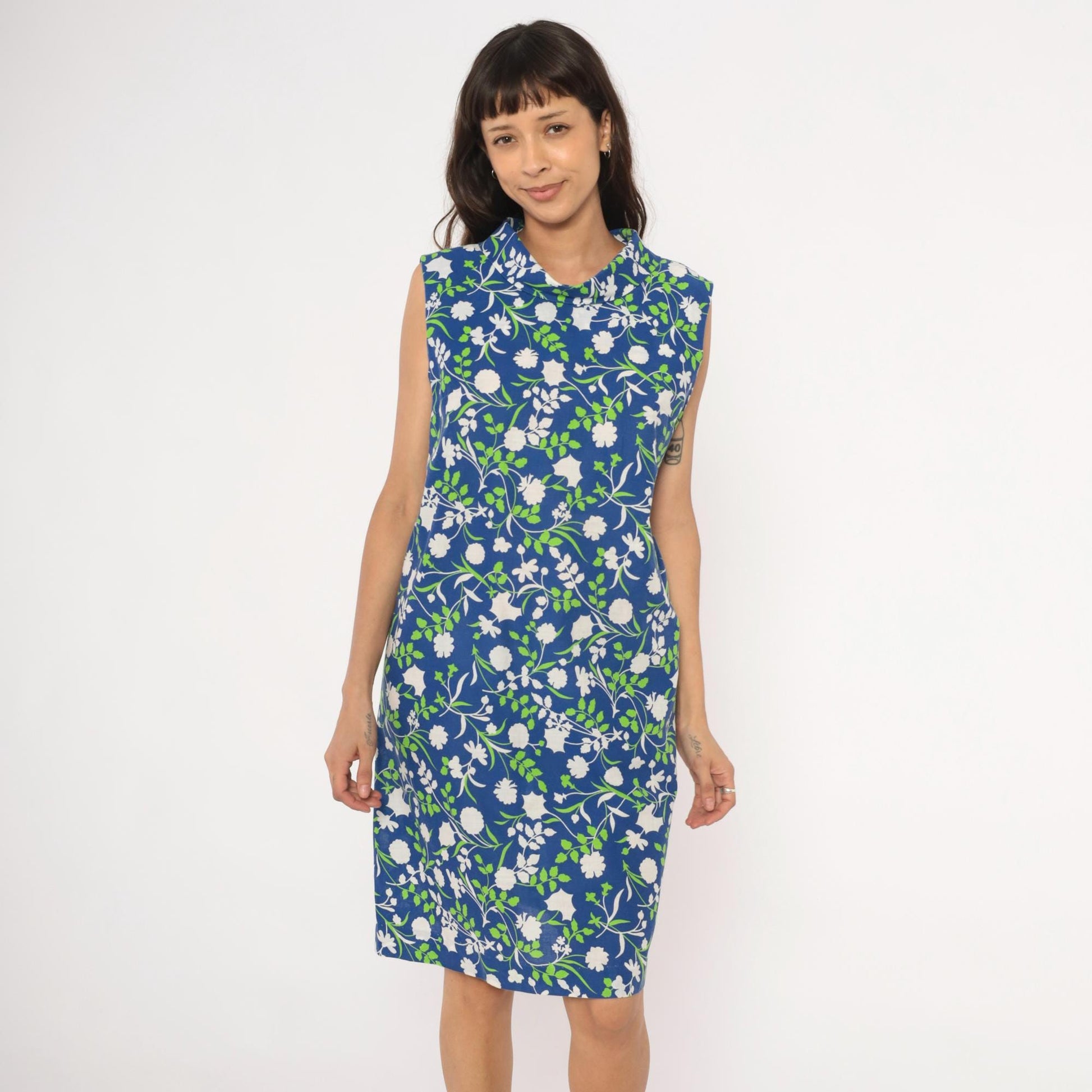 80s Mr. B California Blue Floral Shift Dress Cowl Neck Knee-Length Medium