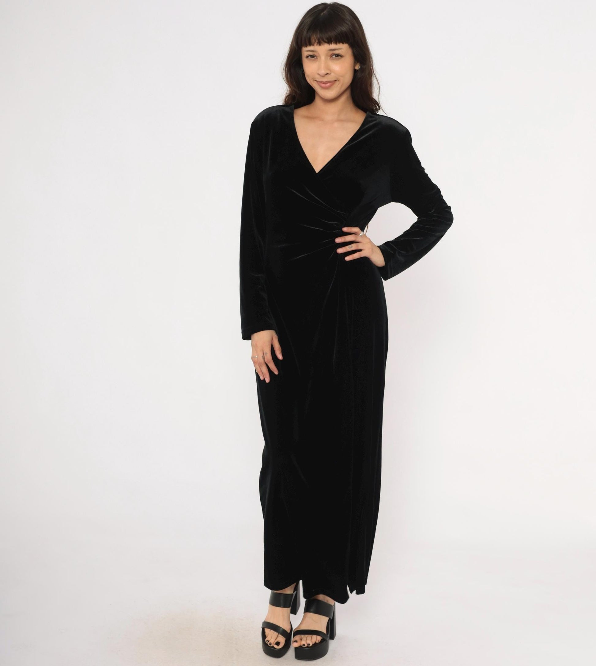 90s Robbie Bee Black Velvet Maxi Dress Surplice Neckline Long Sleeve Large L