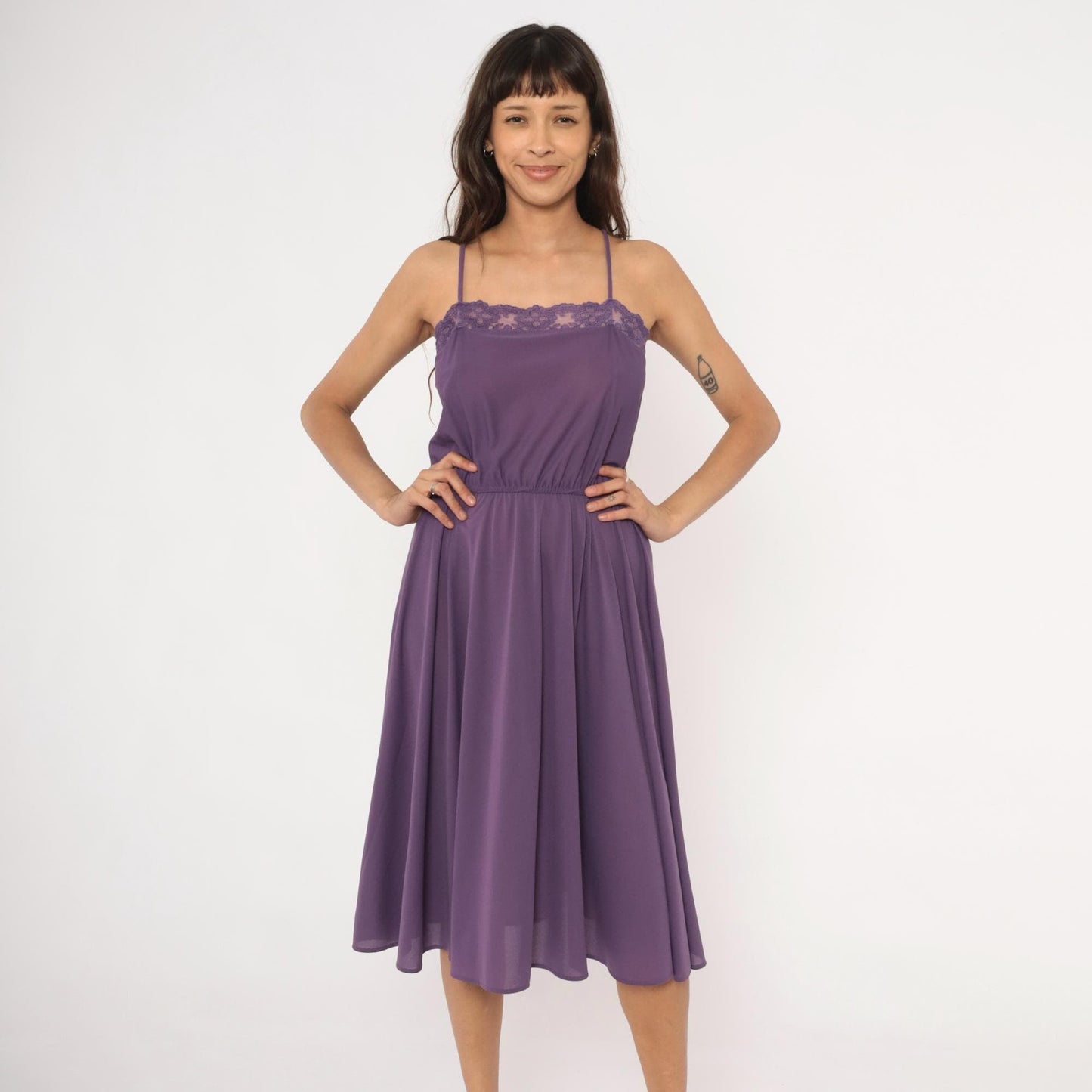 70s Purple Spaghetti Strap Dress Lace Trim Knee Length A-Line Small