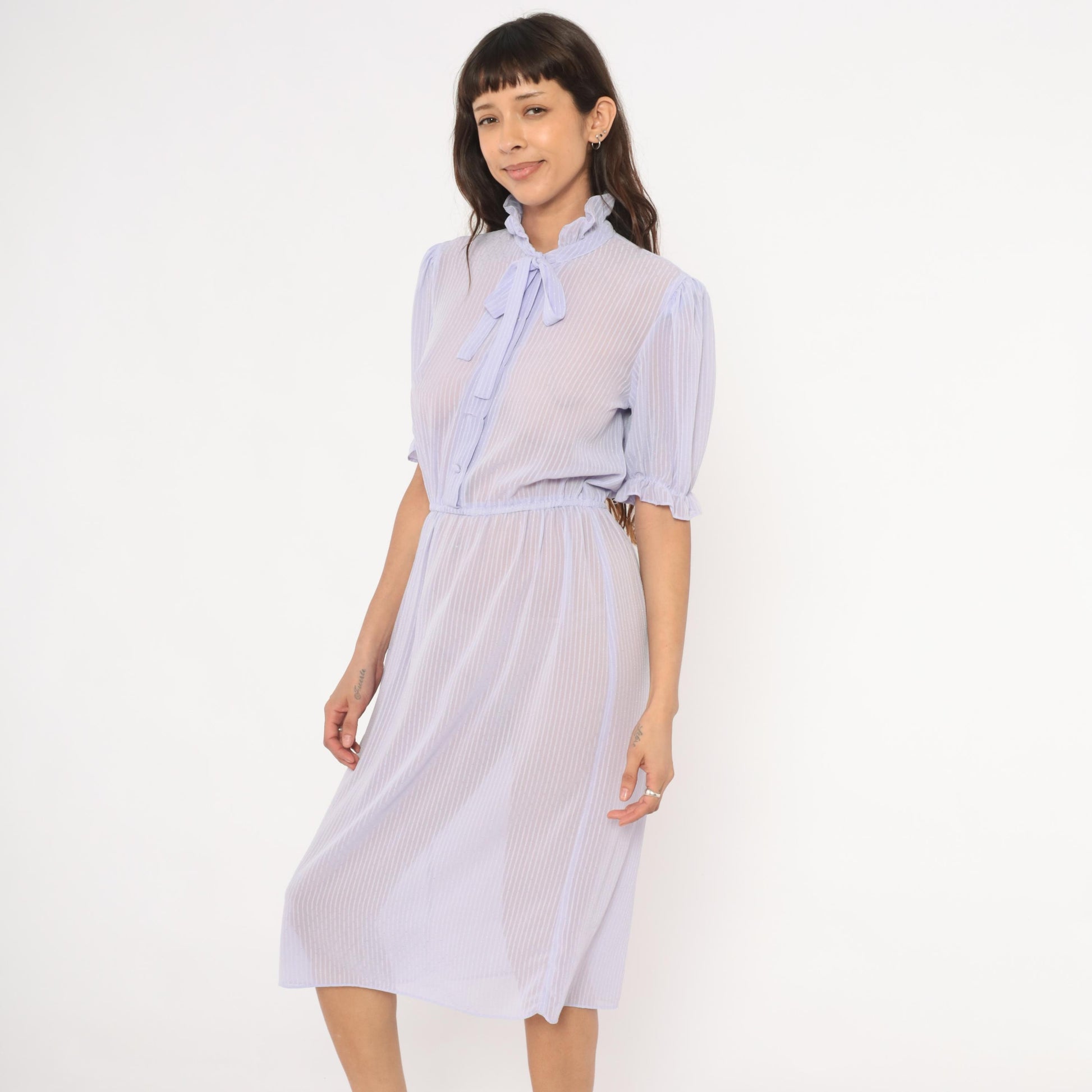 80s Lavender Sheer Stripe Dress Puff Sleeve Bow Tie Ruffle Collar Small