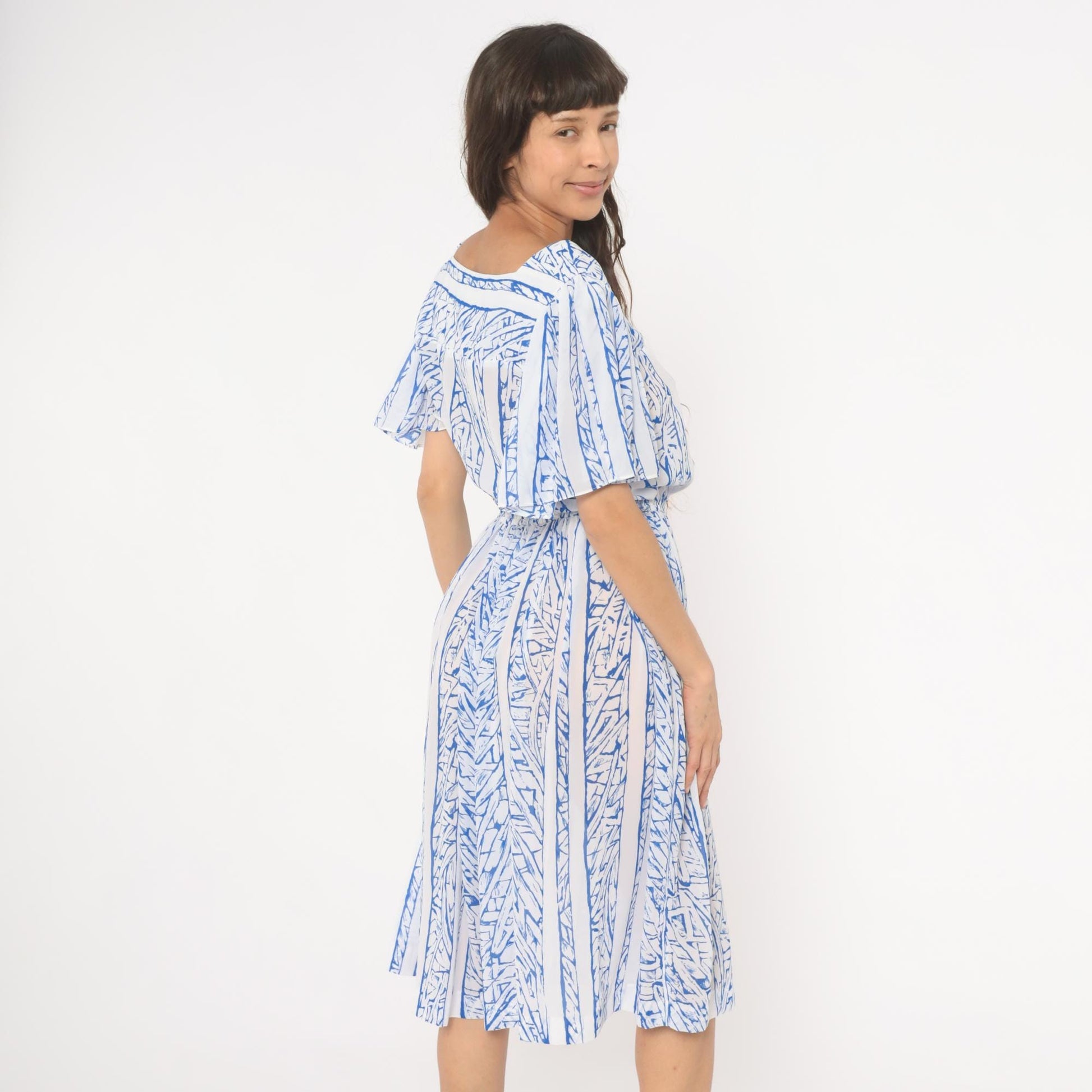 80s Top Act Abstract Stripe Dress Blue White Flutter Sleeve Knee Length Large L