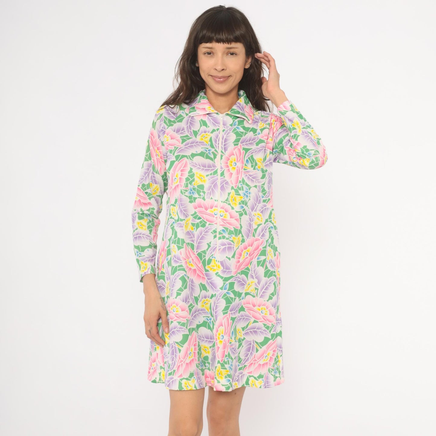 70s Travel Lite Floral Shift Dress Pink Lavender Green Knee-Length Small S