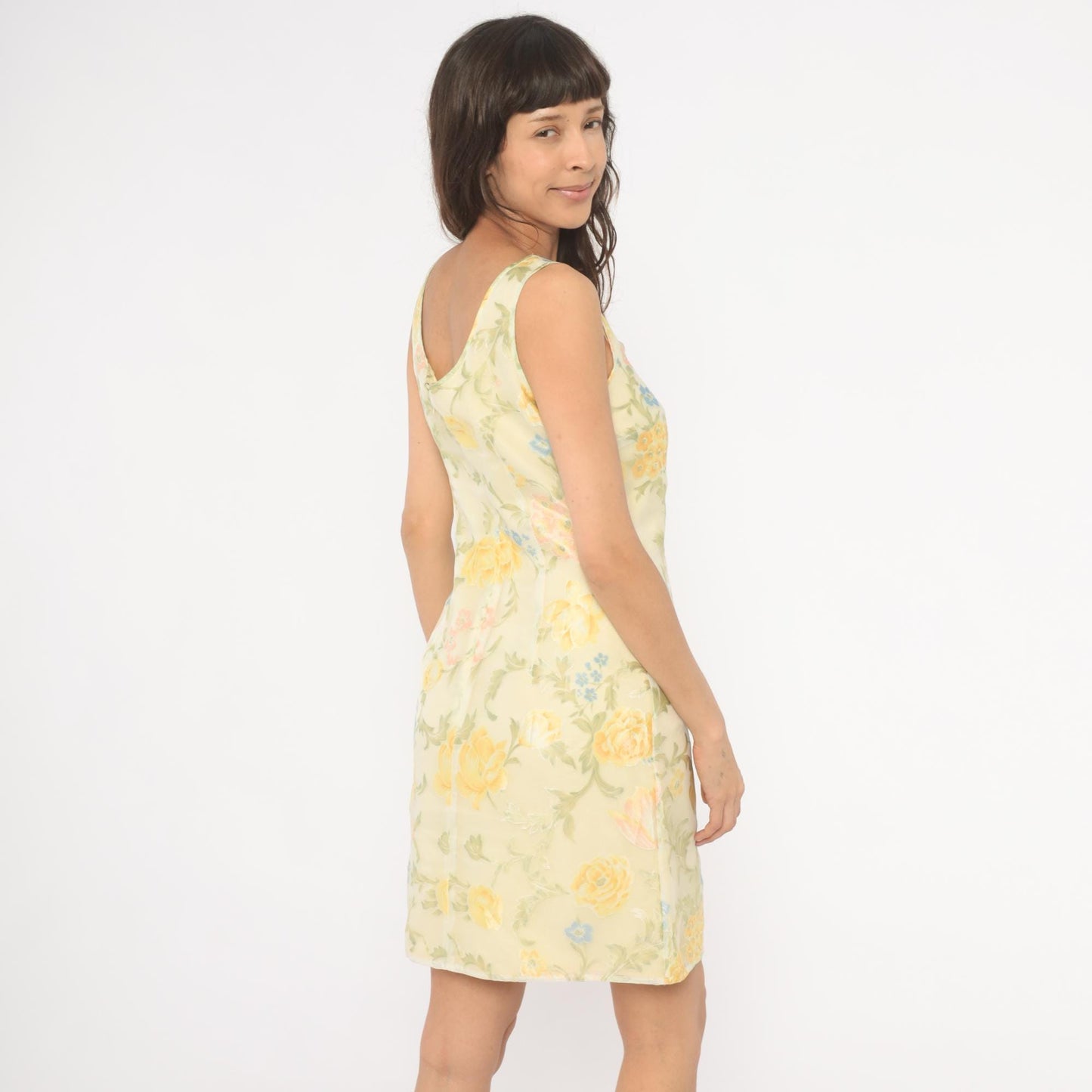 90s Ann Taylor Floral Shift Dress Yellow Scoop Neck Sleeveless Knee Small