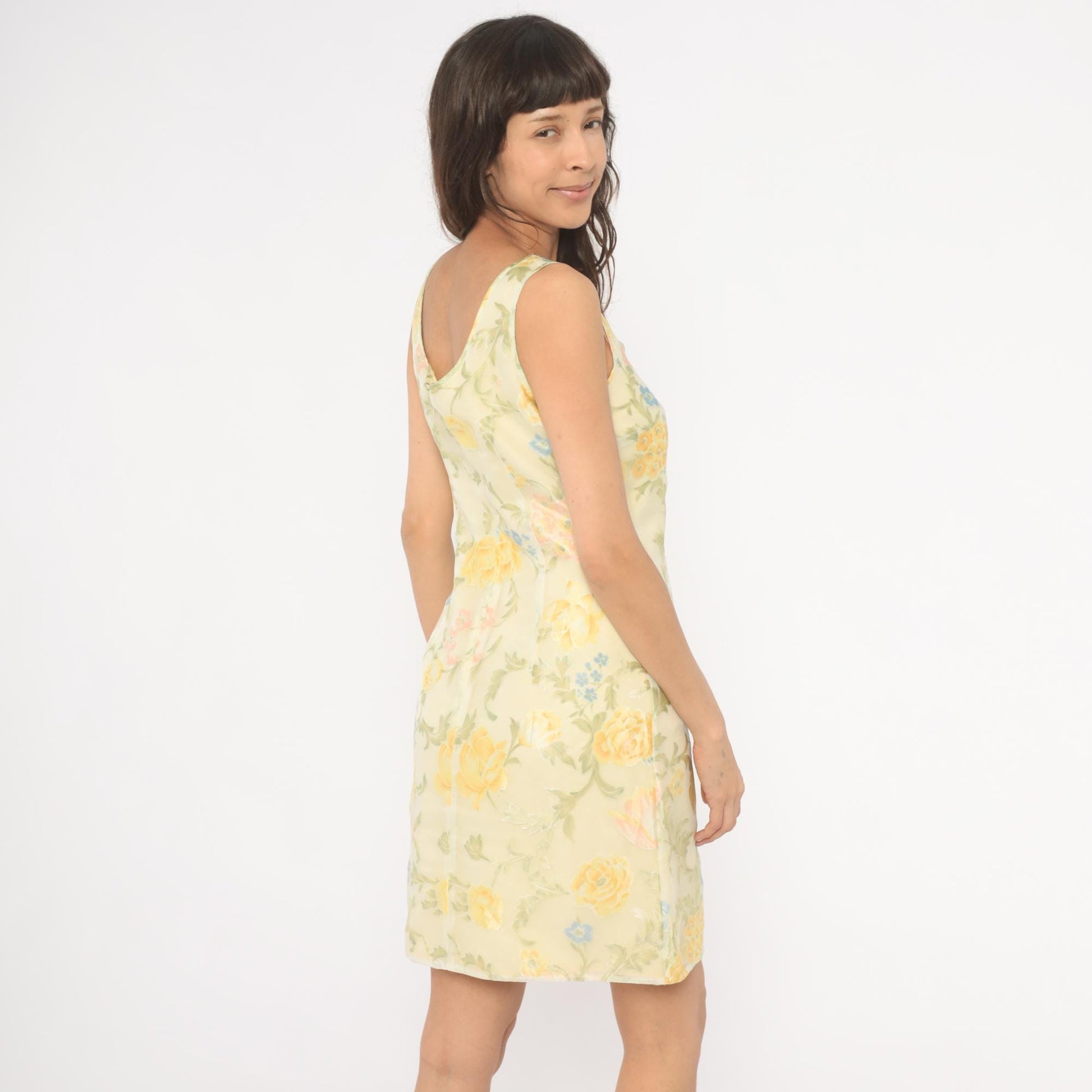 90s Ann Taylor Floral Shift Dress Yellow Scoop Neck Sleeveless Knee Small