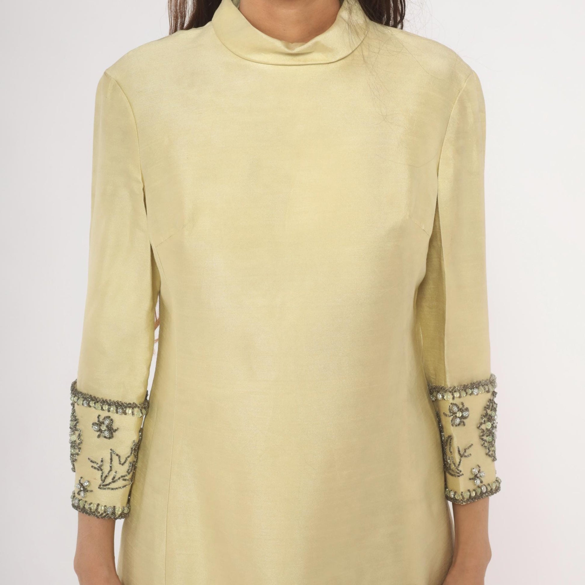 60s Miss Elliette Cream Shift Dress Silver Beaded Floral Mock Neck Mini Medium M