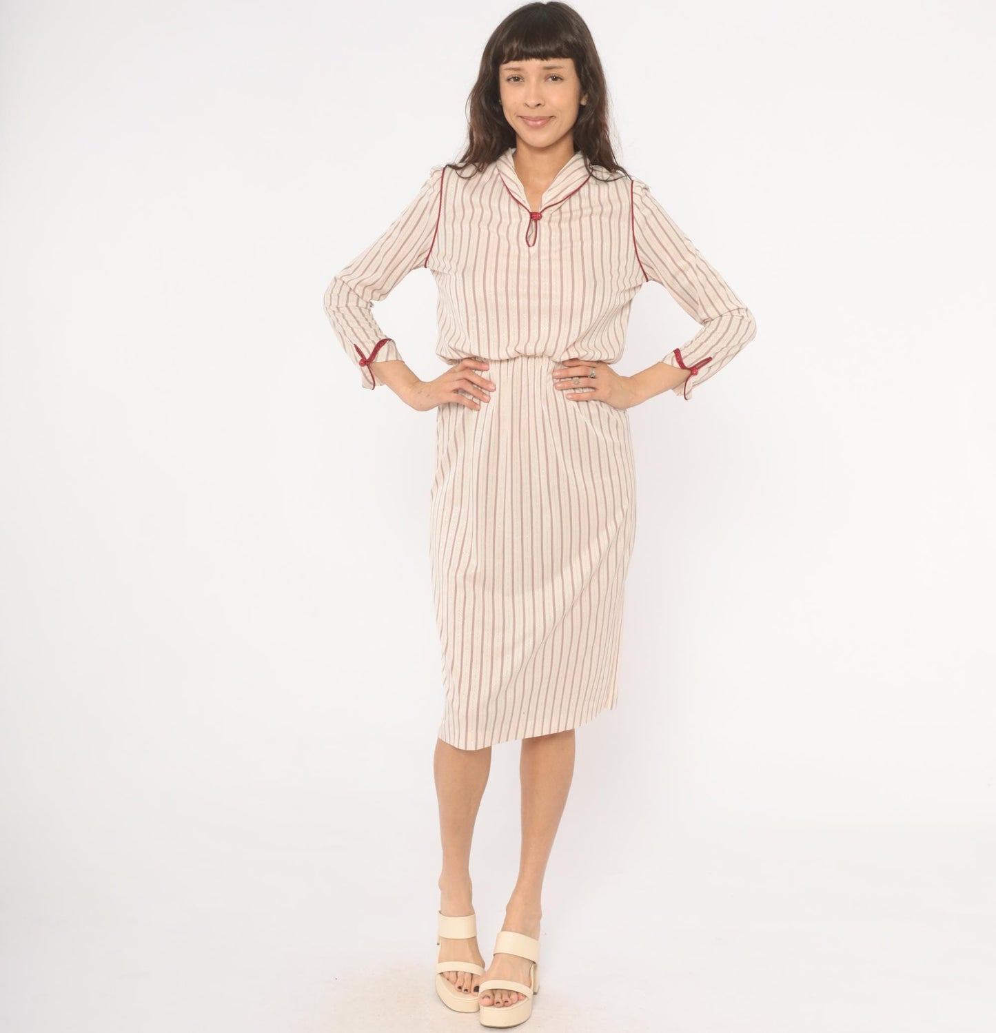 80s Striped Blouson Dress Cream Burgundy Keyhole Neckline Knee Length Small S