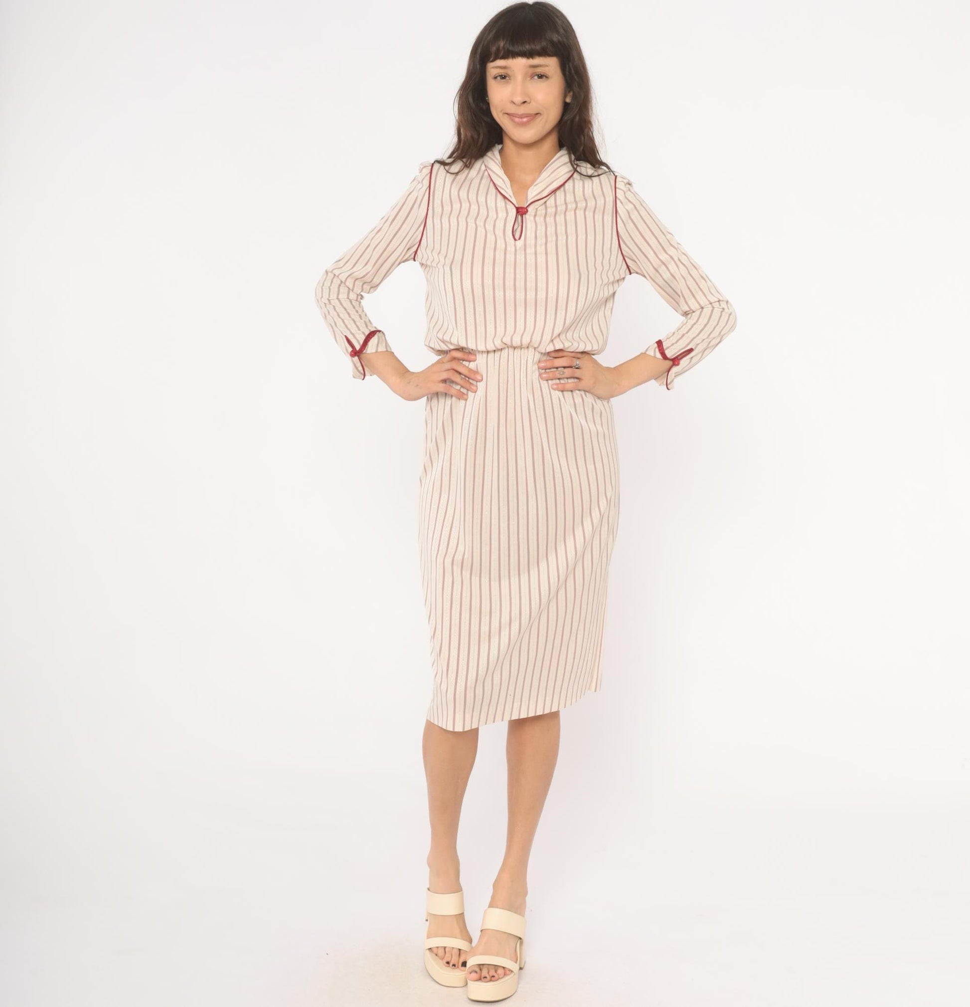 80s Striped Blouson Dress Cream Burgundy Keyhole Neckline Knee Length Small S