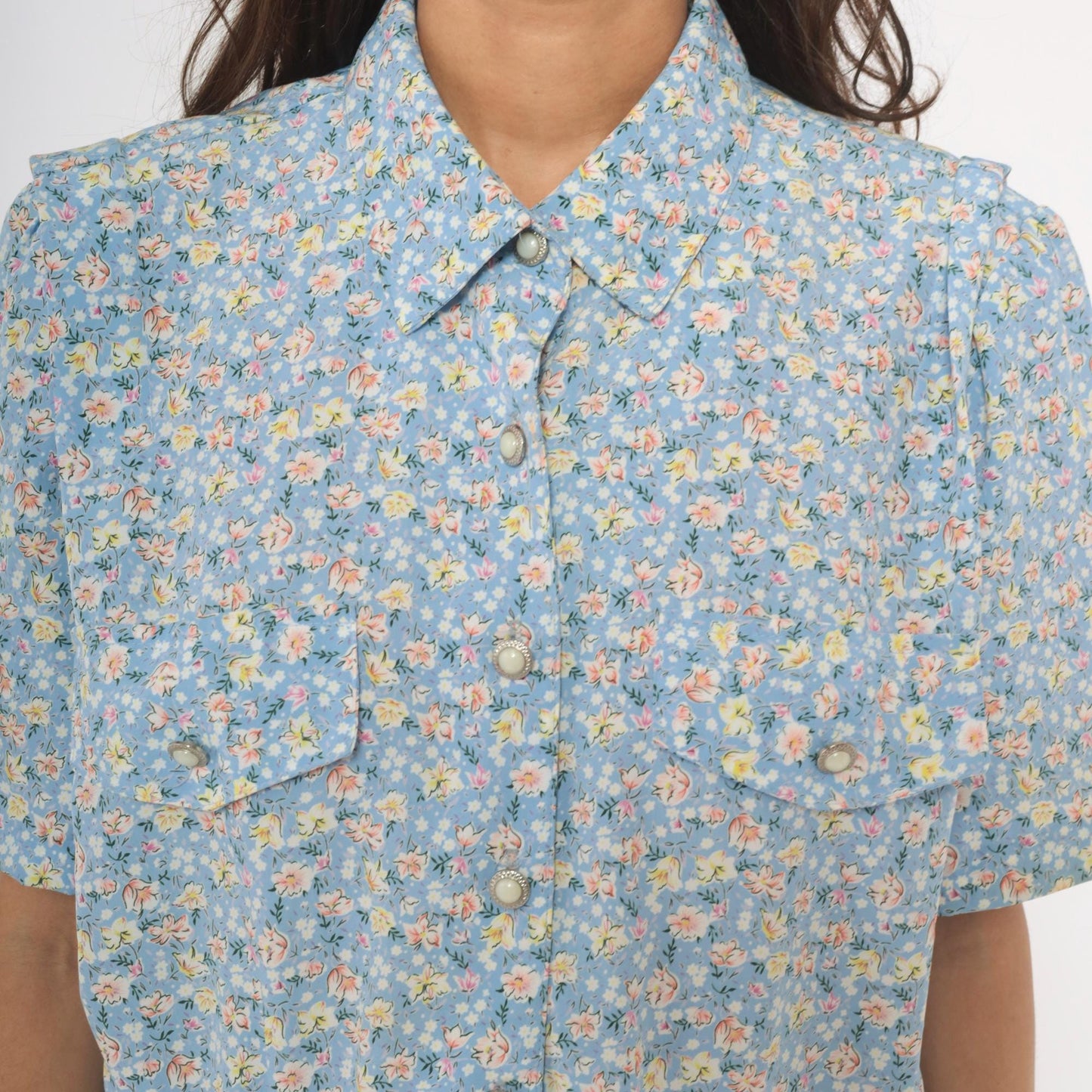 90s Breli Originals Floral Shirtdress Sky Blue Midi Pleated Skirt Large L
