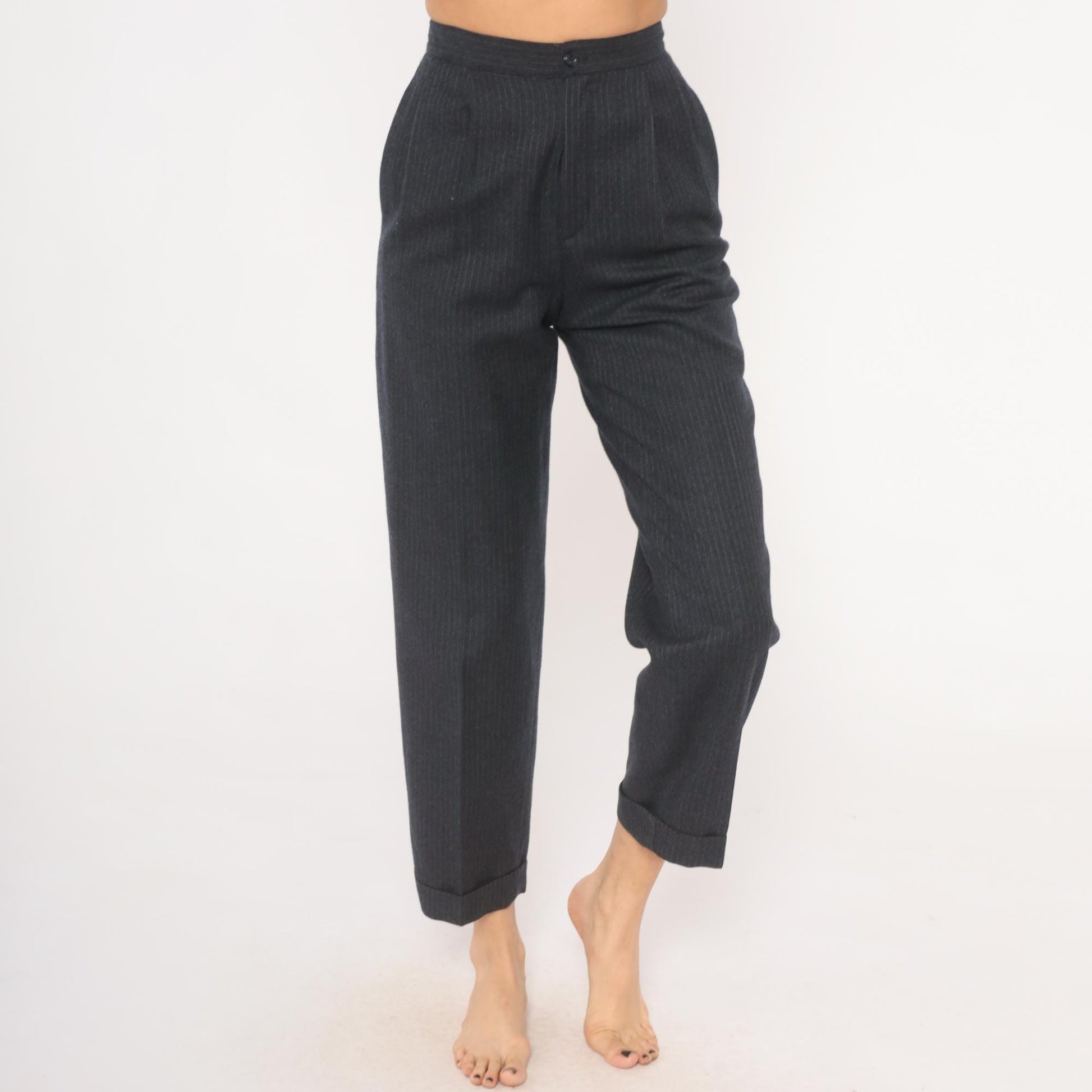 80s Preferred Stock Pinstripe Pleated Trousers Navy Wool Blend High Waist Extra Small XS