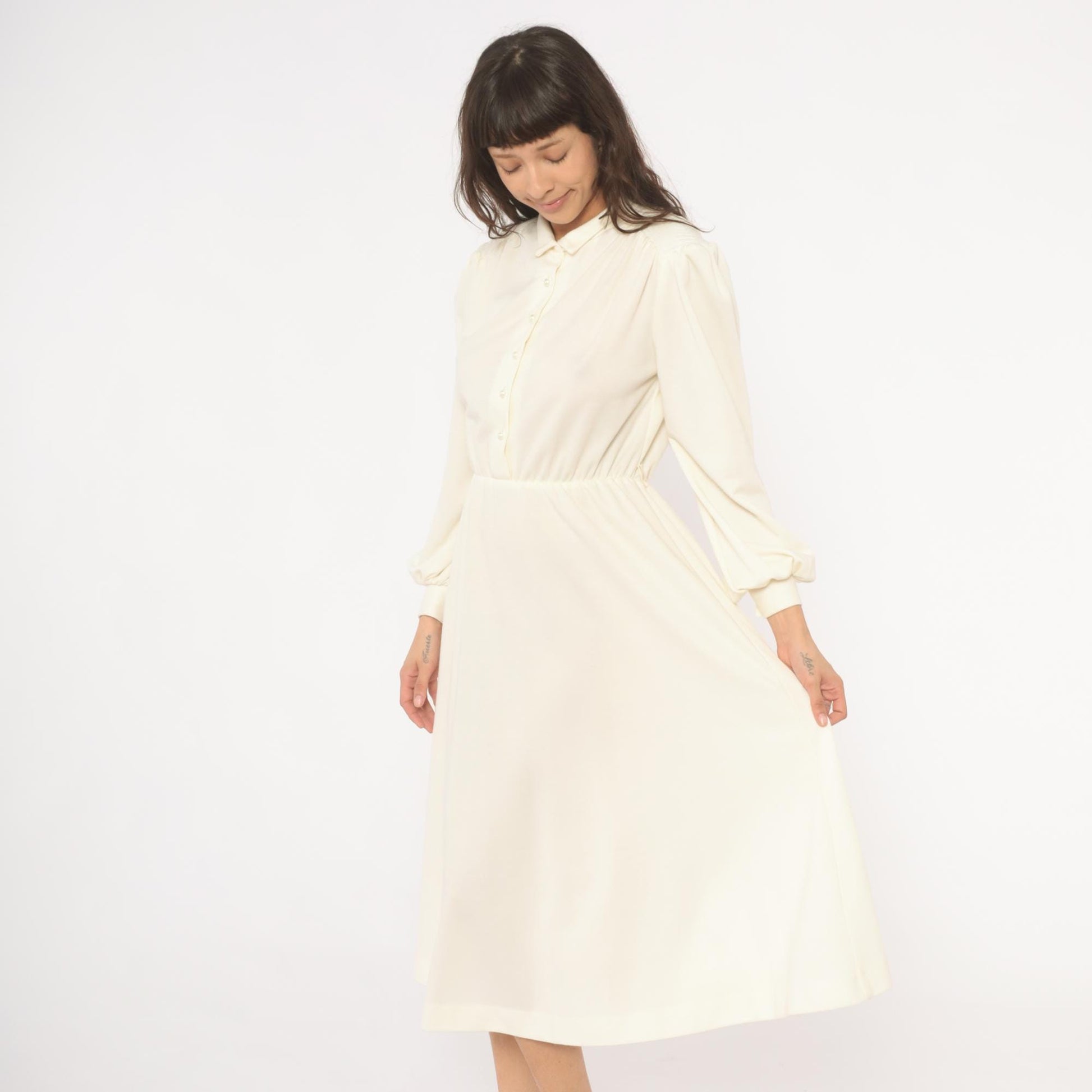 80s Sunshine Starshine Cream Puff Sleeve Midi Dress Pearl Buttons Wool Large L