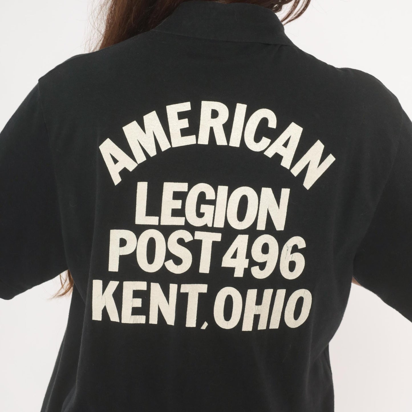 80s American Legion Post 496 Kent Ohio Polo Shirt Black Cotton Casual Knits Large