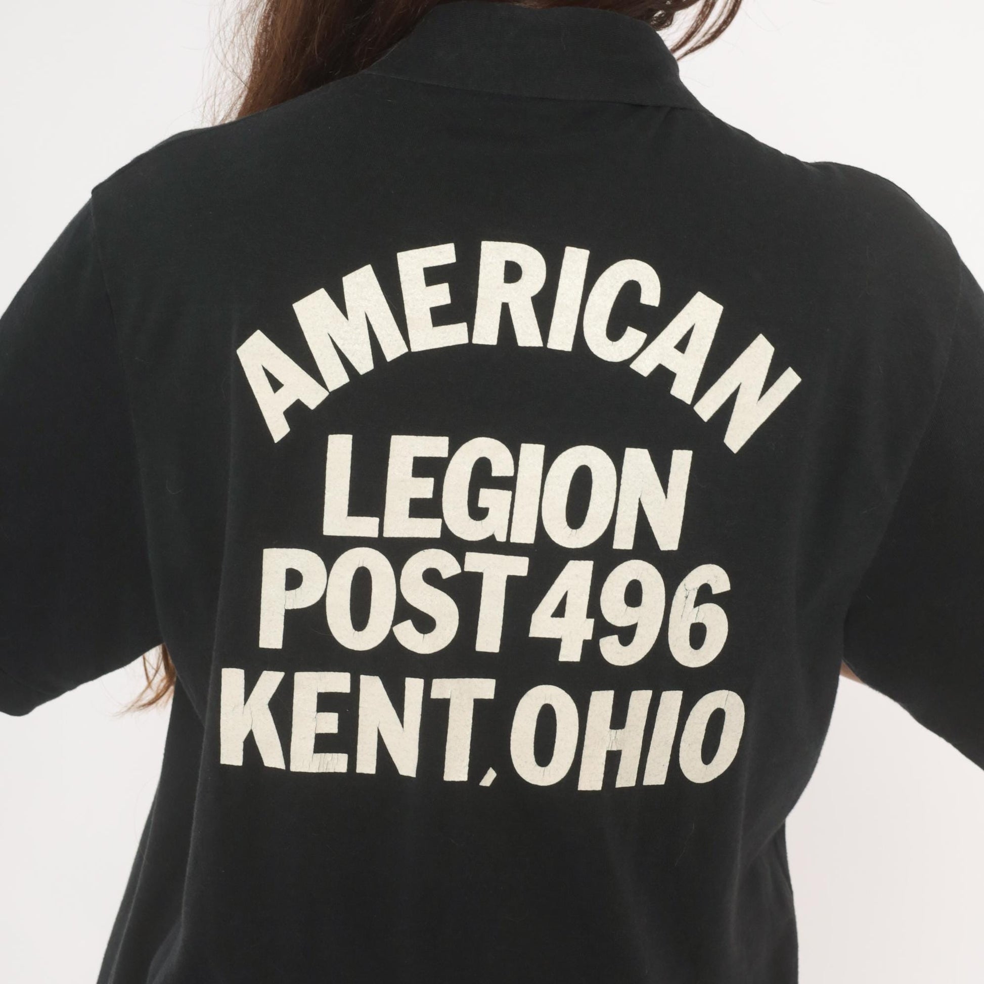 80s American Legion Post 496 Kent Ohio Polo Shirt Black Cotton Casual Knits Large