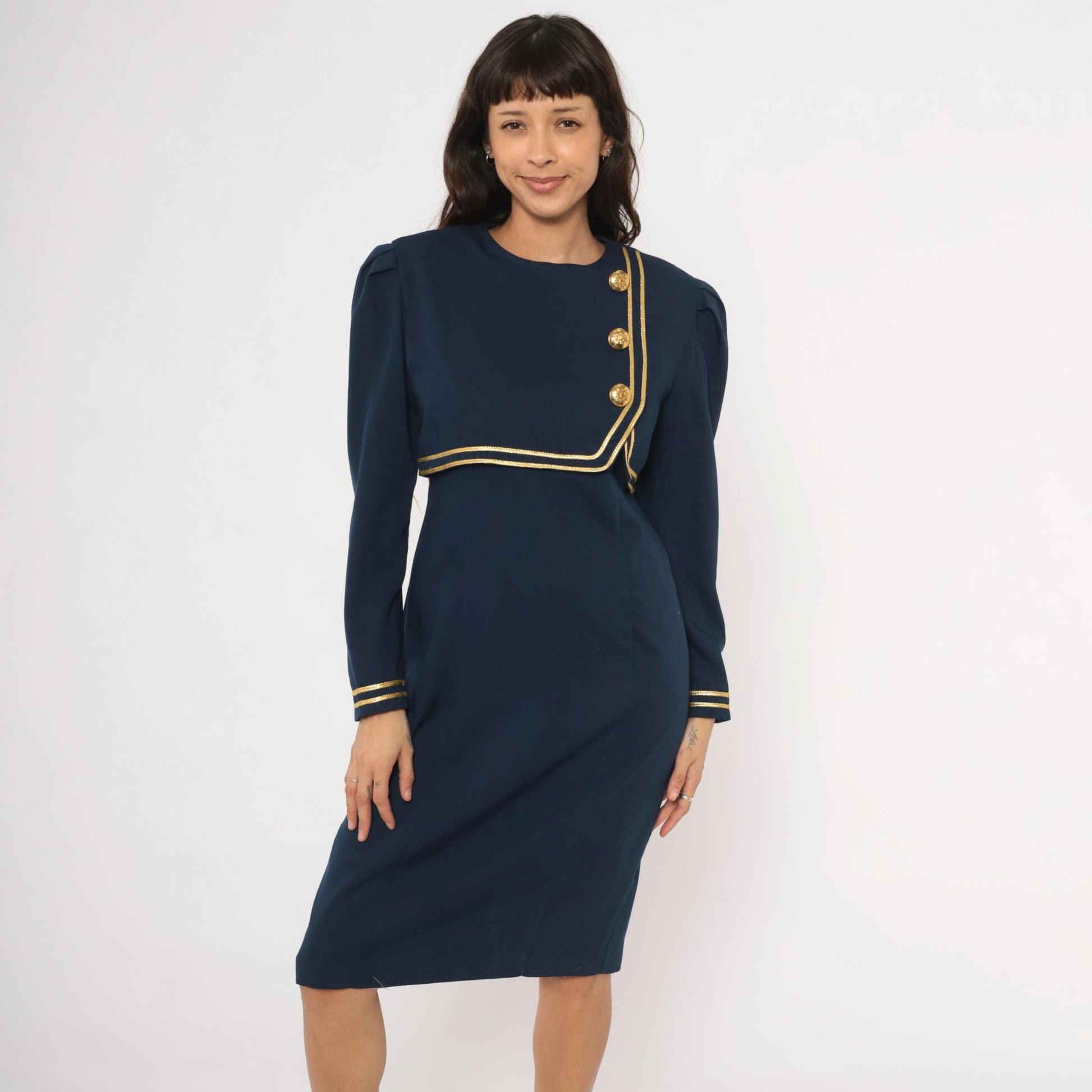 80s Jessica Howard Navy Dress Gold Braid Military Knee-Length Puff Sleeve Medium M