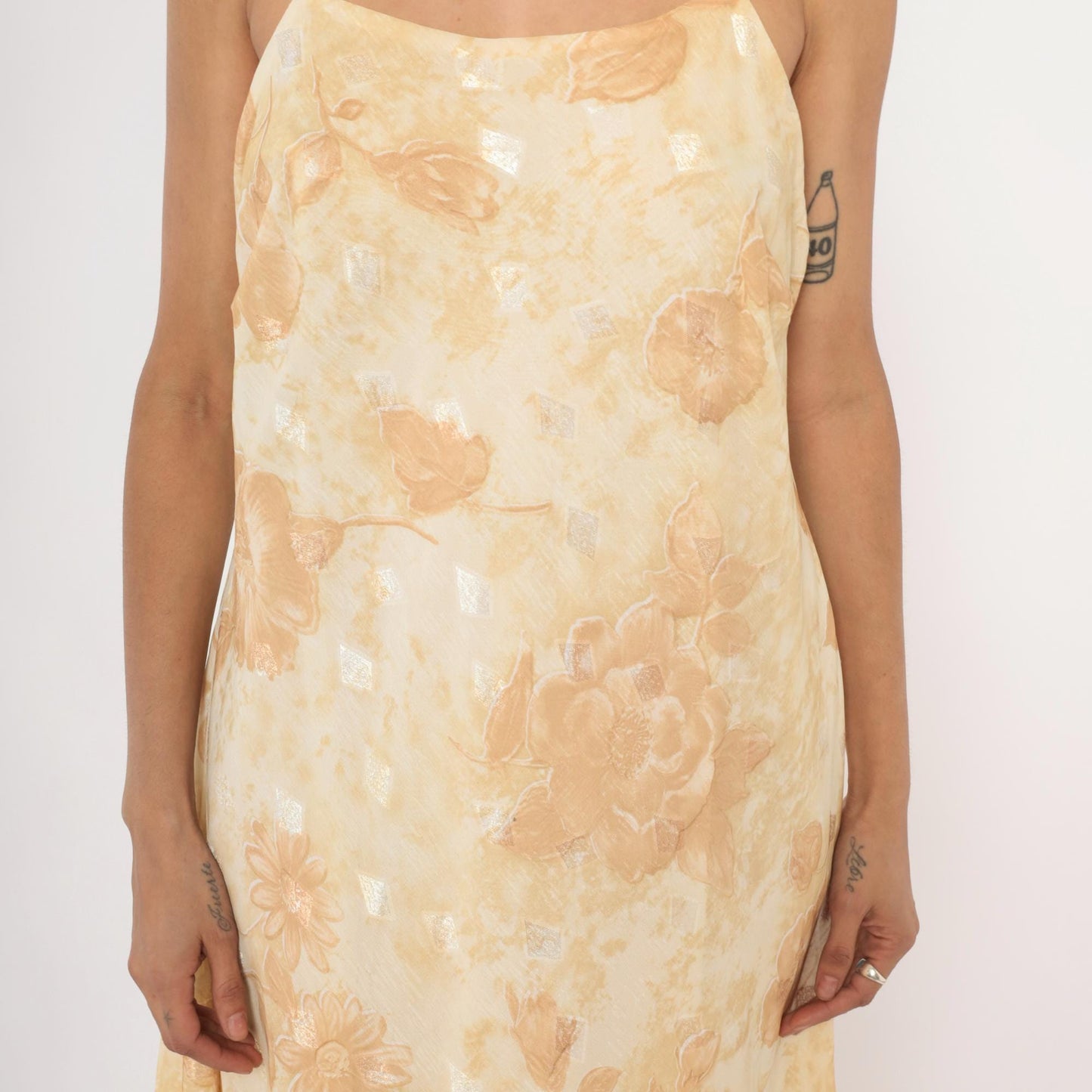 00s Dress-U-Ii Gold Floral Slip Dress Midi Cream Rose Print Spaghetti Strap Large L