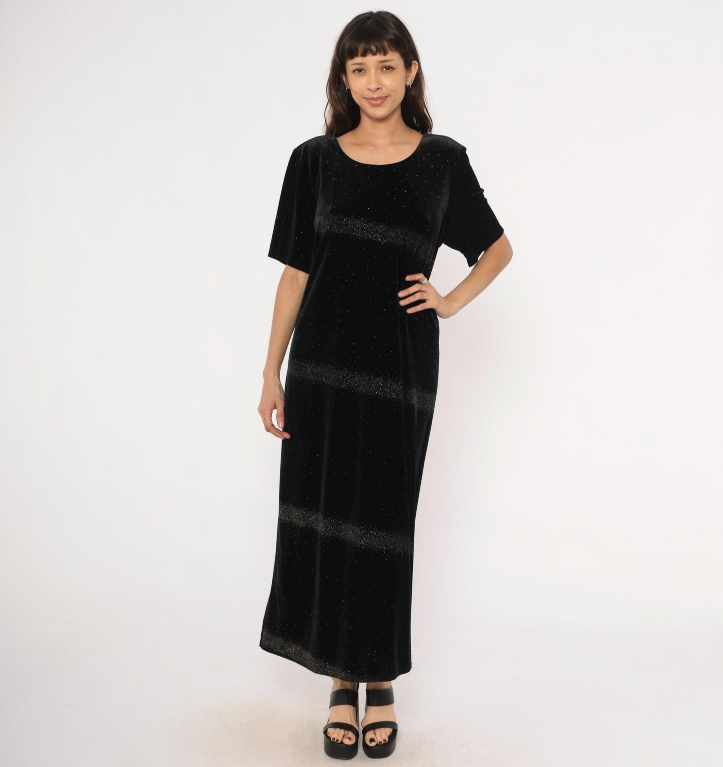 90s Jessica Howard Black Velvet Maxi Dress Glitter Scoop Neck Short Sleeve Large L
