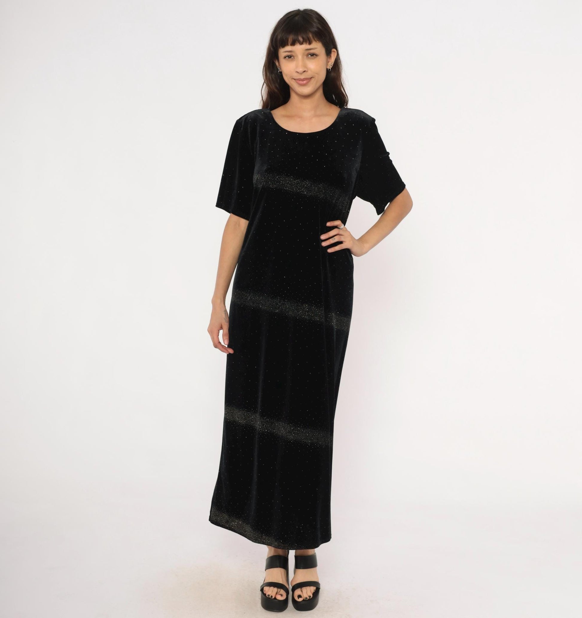 90s Jessica Howard Black Velvet Maxi Dress Glitter Scoop Neck Short Sleeve Large L