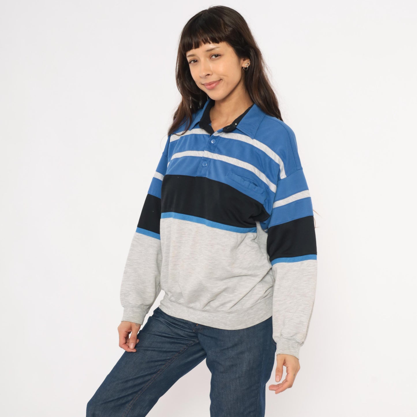 80s Knightsbridge Color Block Polo Sweatshirt Blue Striped Grey Small