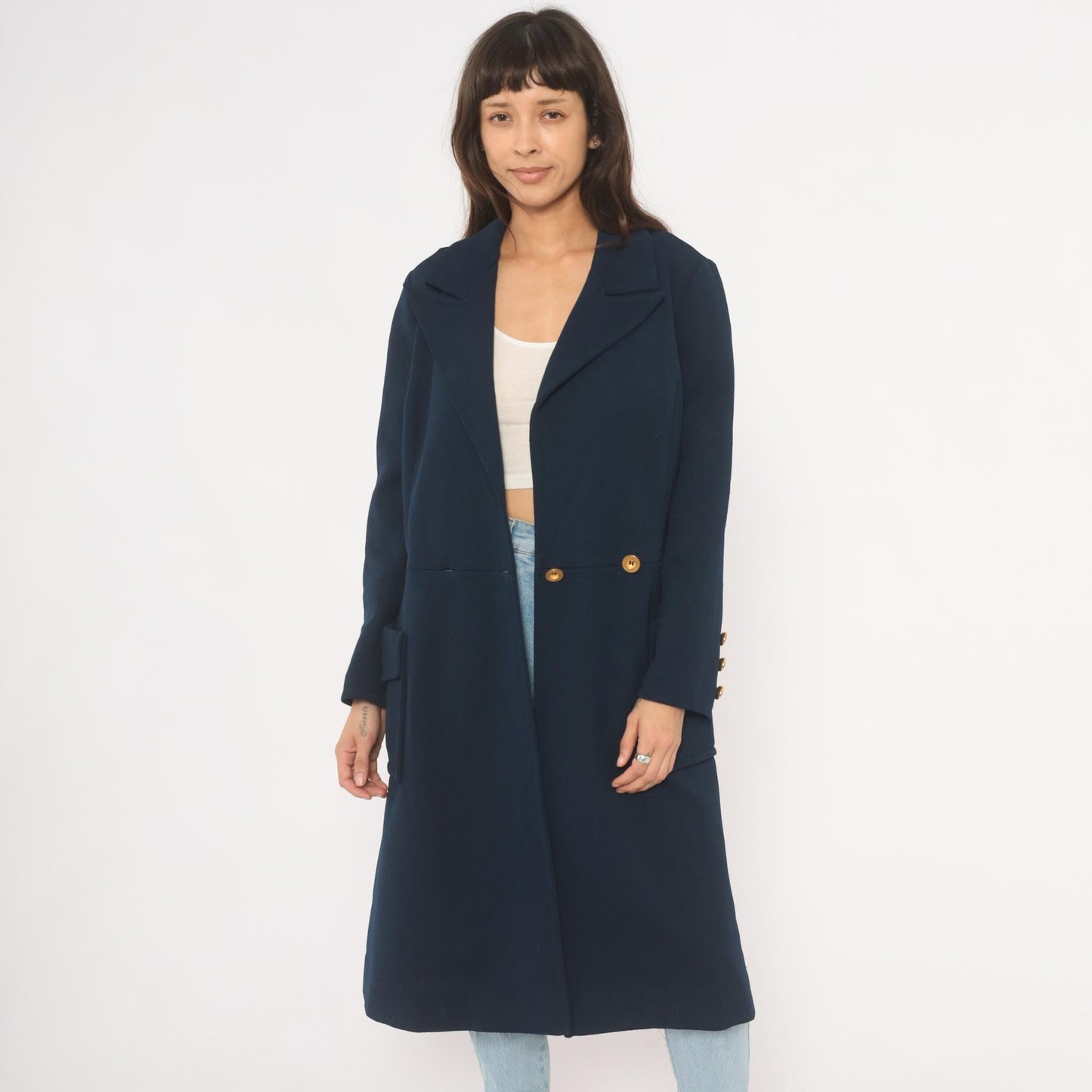 70s Butte Knit Navy Double Breasted Coat Gold Buttons Knee Length Large L