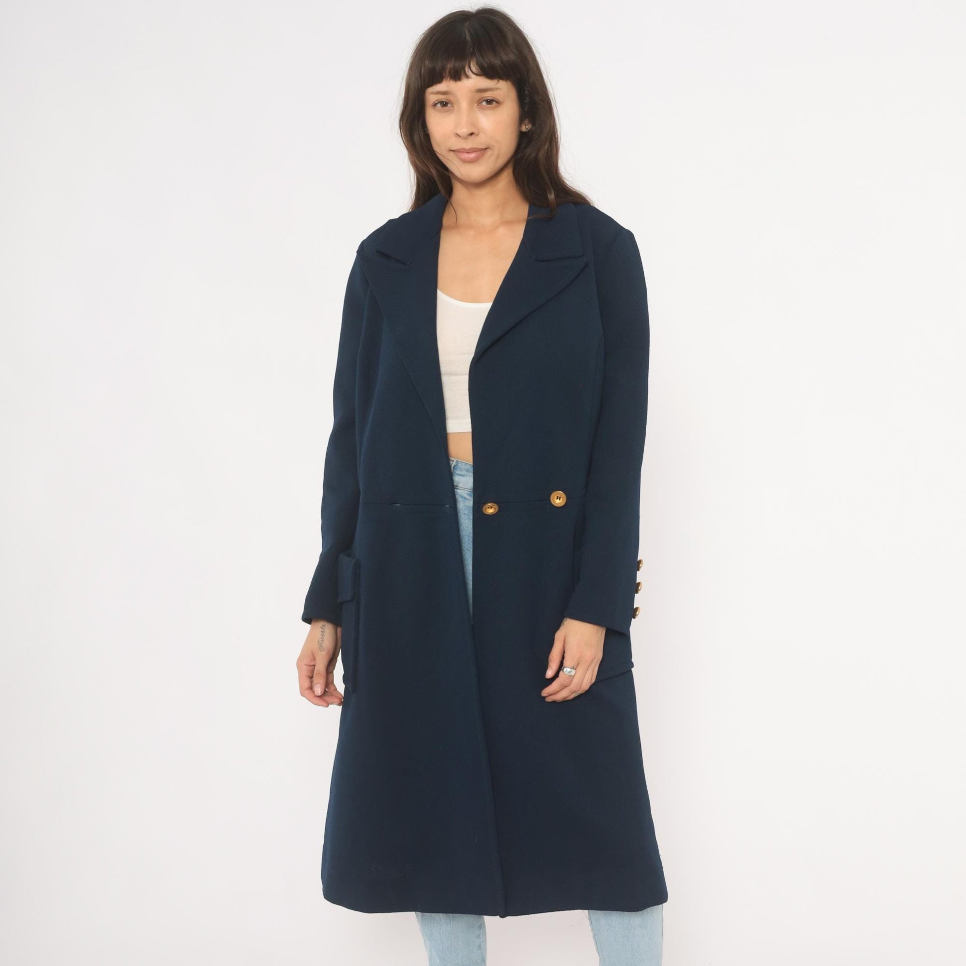 70s Butte Knit Navy Double Breasted Coat Gold Buttons Knee Length Large L