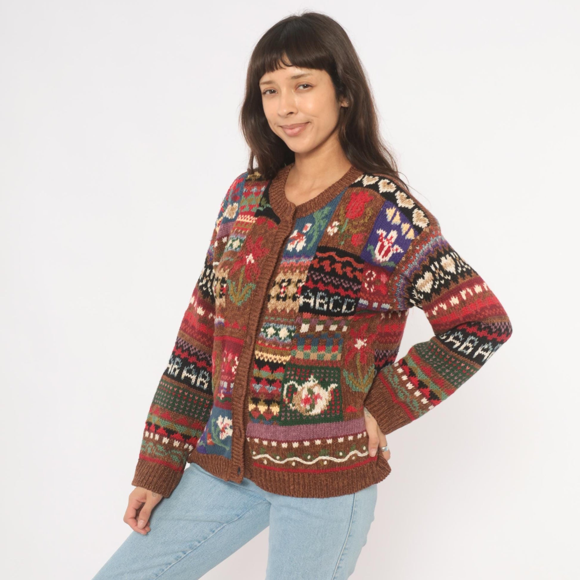 90s Tiara International Patchwork Cardigan Floral Fair Isle Knit Brown Small
