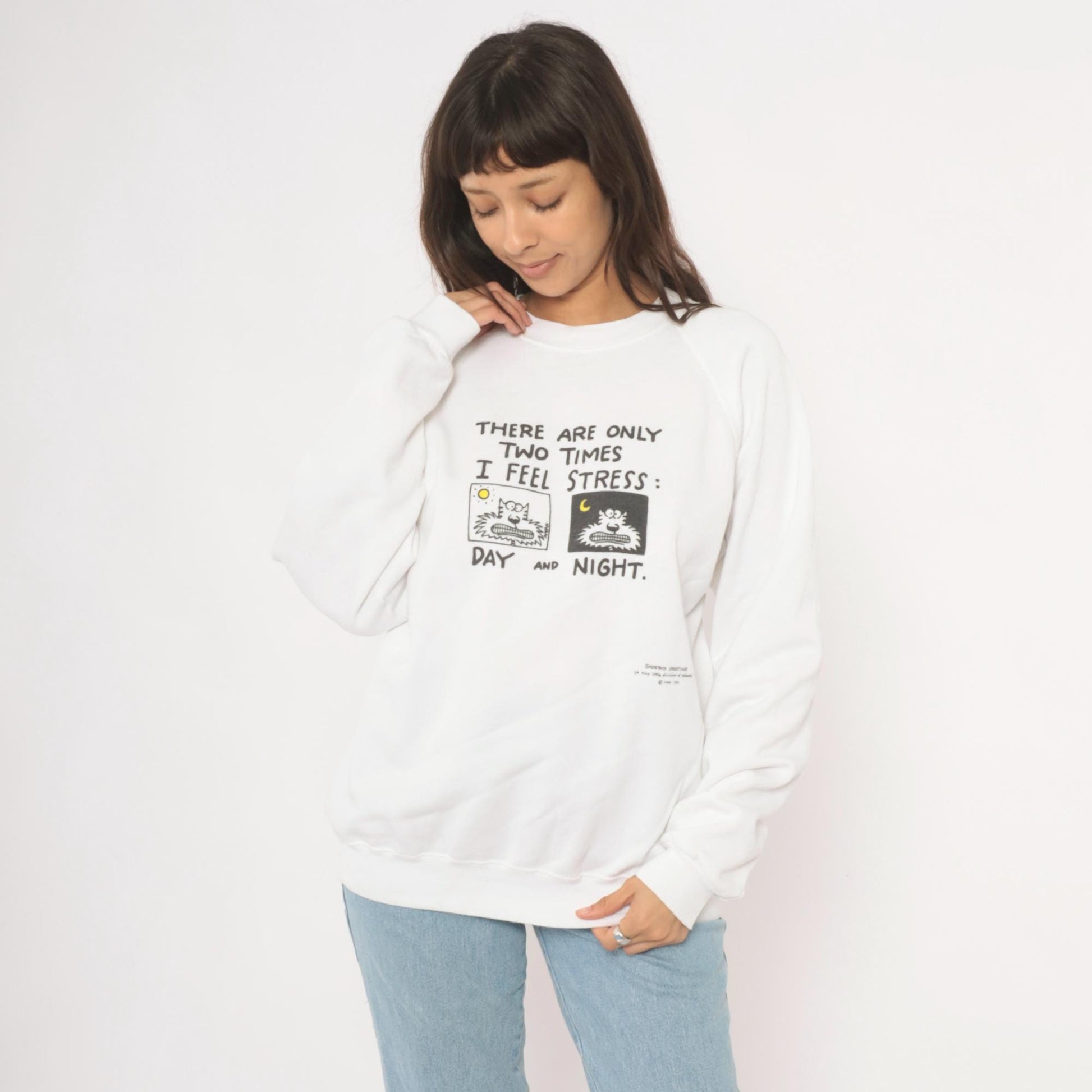 90s Shoebox Greetings Stress Day And Night Cat Sweatshirt White Raglan Extra Large