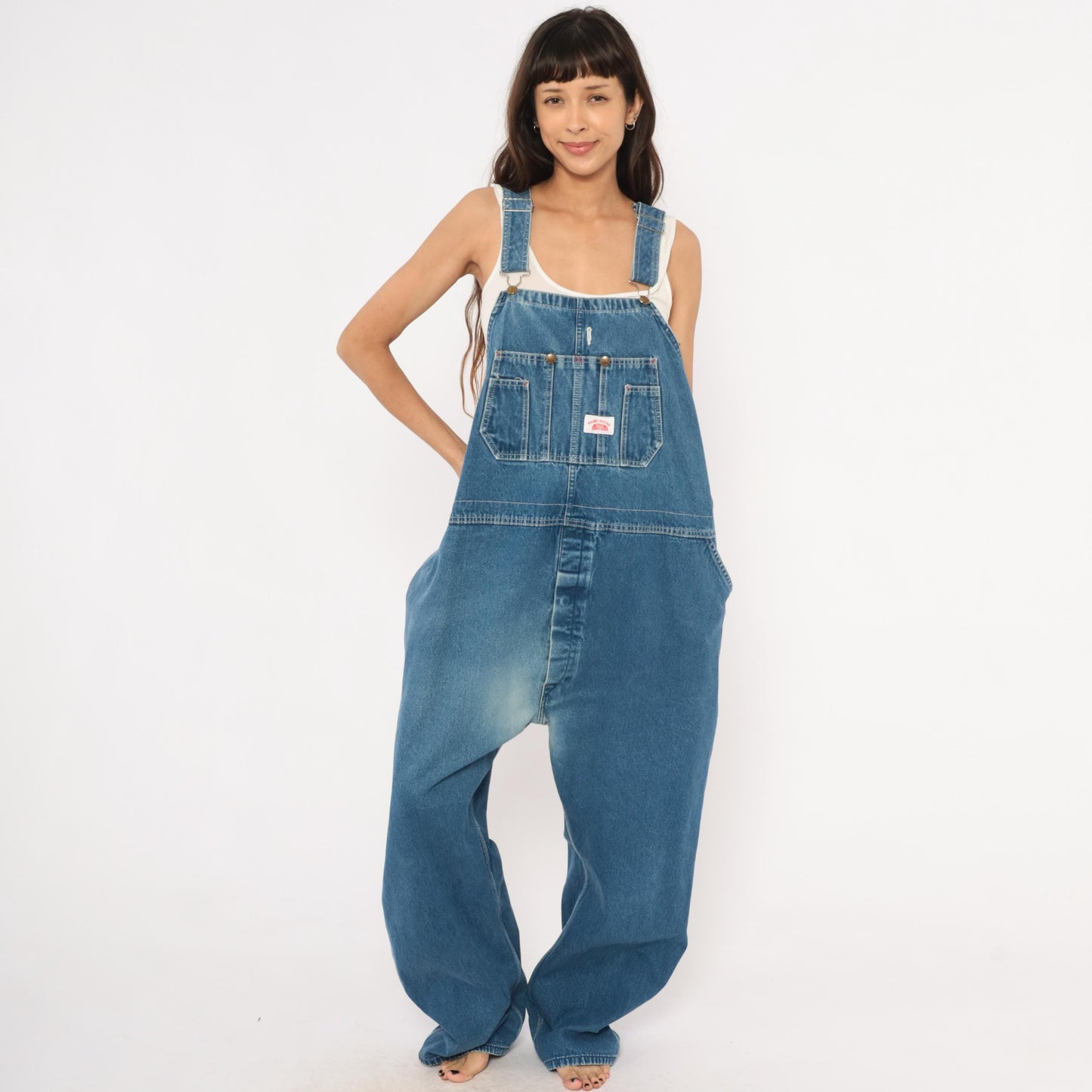 Y2K Roundhouse Denim Bib Overalls Medium Wash Blue Cotton Carpenter 50x30