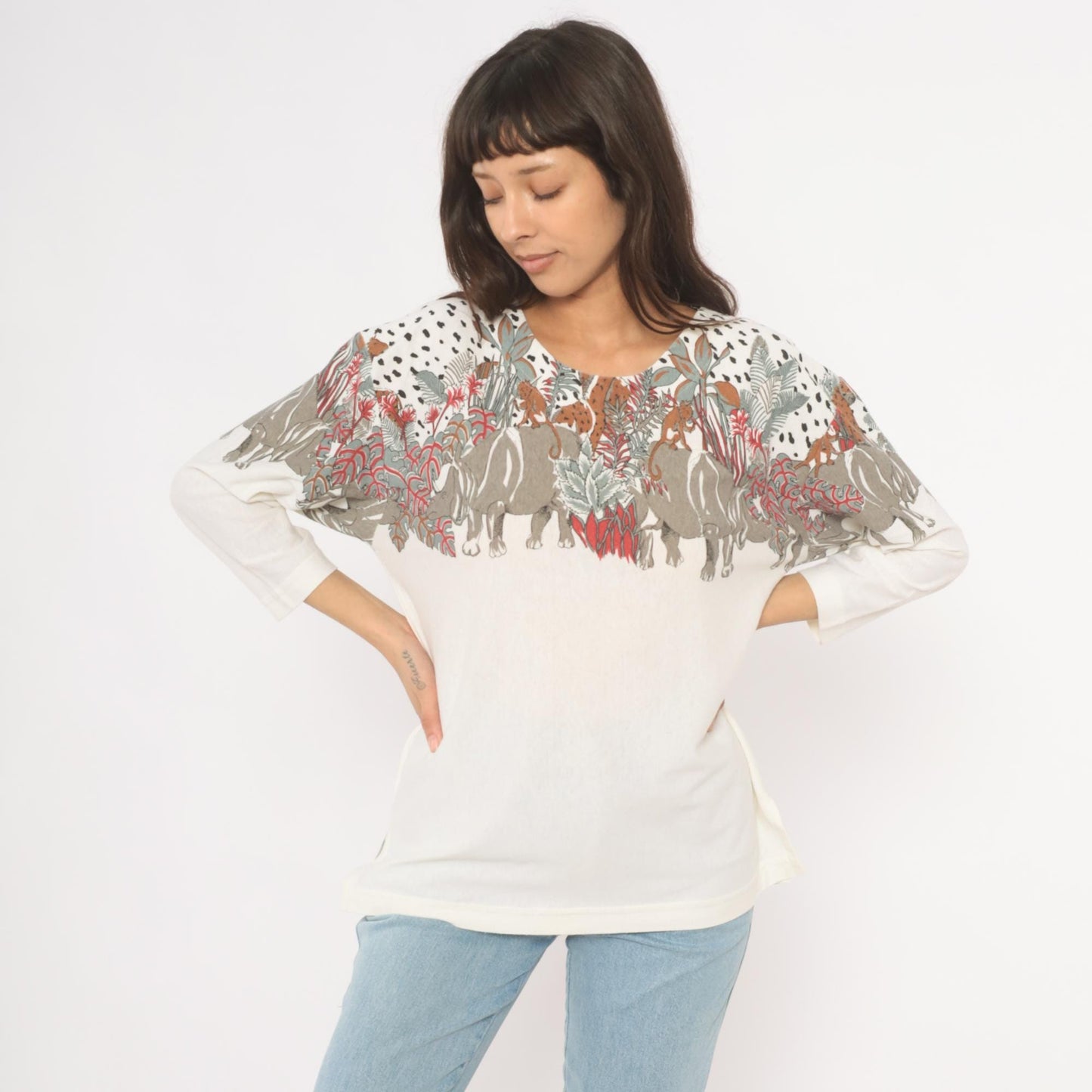 90s Enchante Sport Safari Animal Print Top Cream Jungle Scene Large L