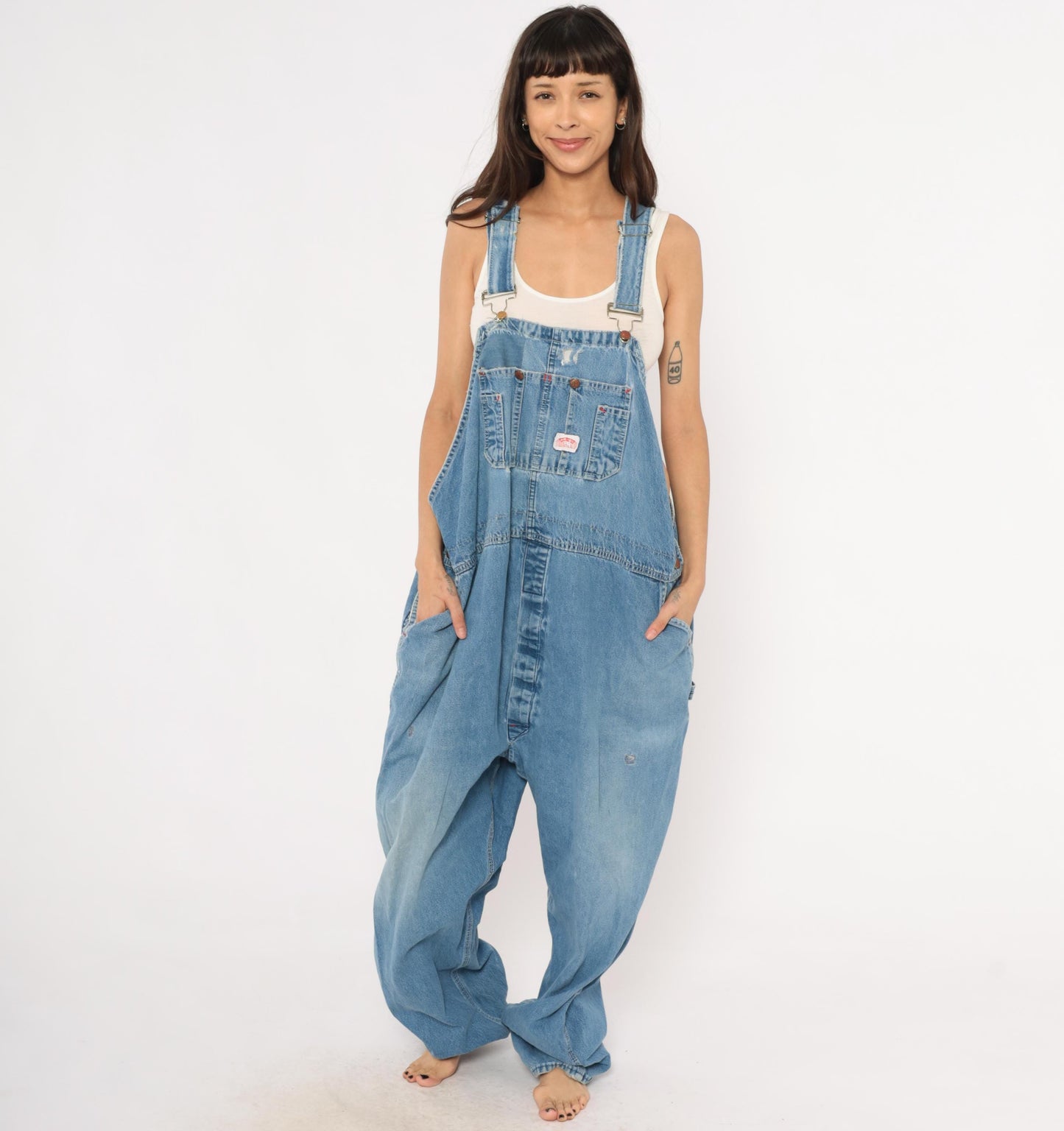 90s Light Wash Denim Bib Overalls Baggy Carpenter Distressed Plus Size XXL