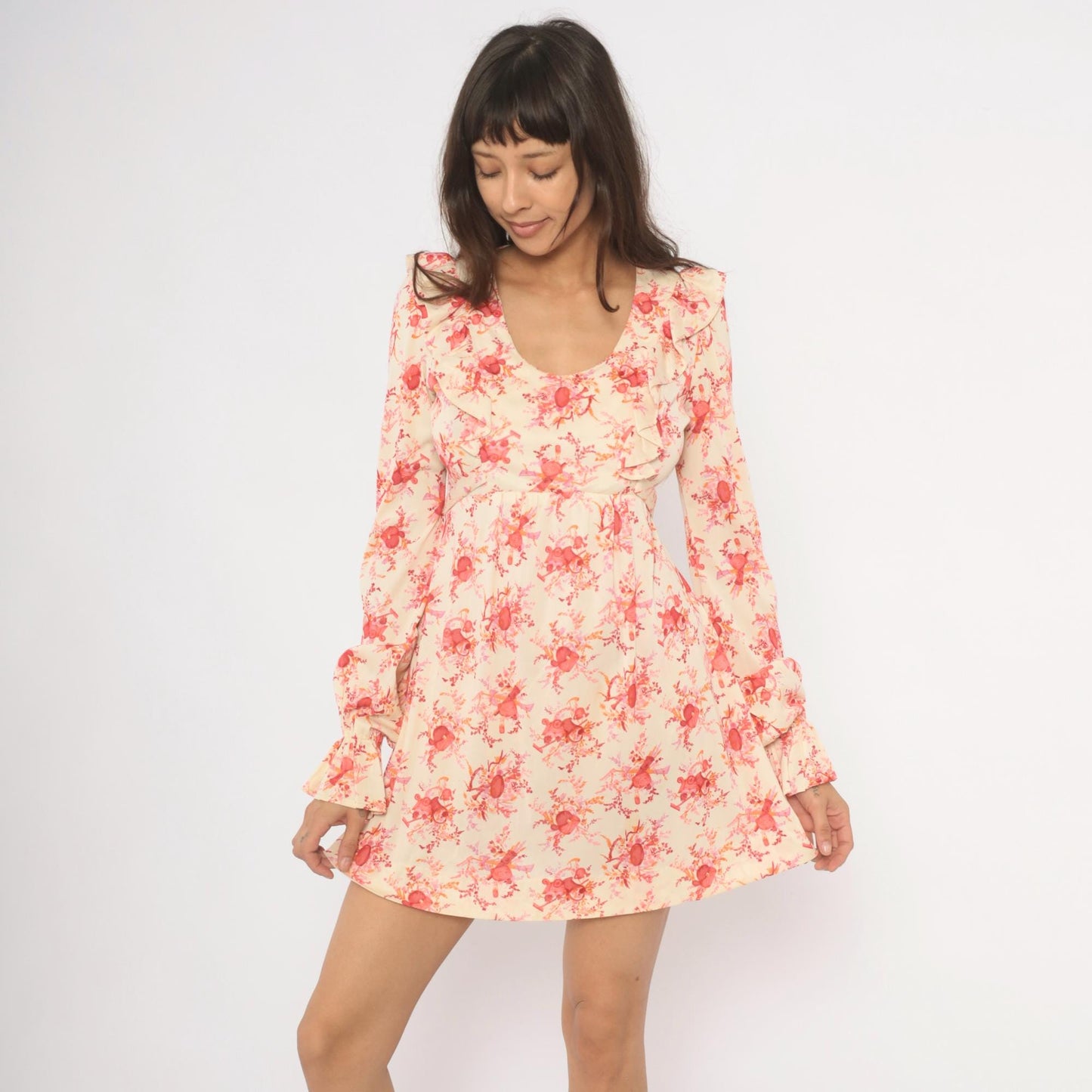 70s Cream Pink Floral Mini Dress Ruffle Collar Bell Sleeve Tie Waist Medium