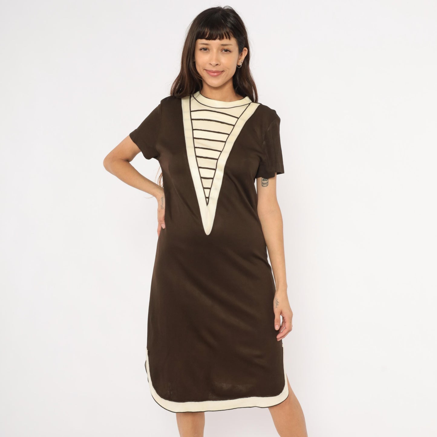 60s Mod Shift Dress Brown Cream Striped V Panel Short Sleeve Large L