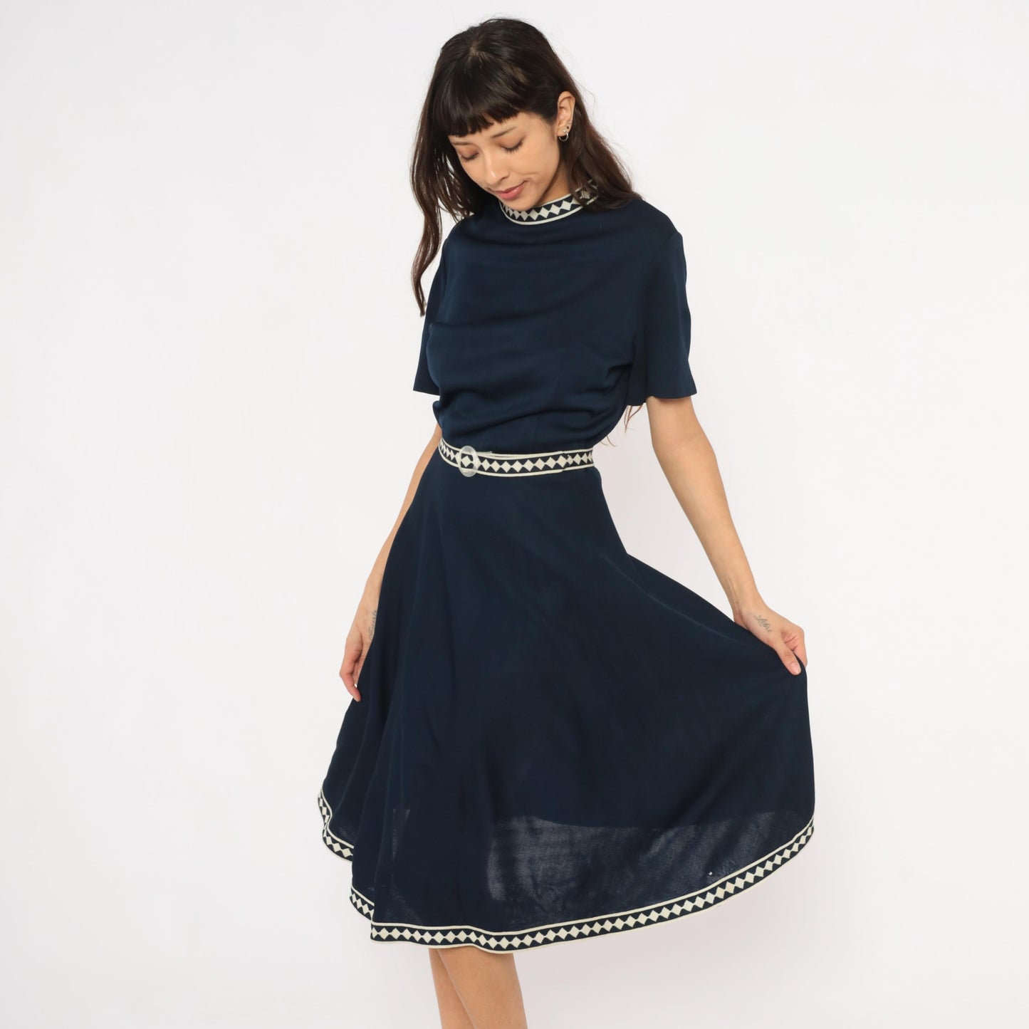 60s Marta D Navy A-Line Dress Cream Diamond Trim Belted Midi Large L